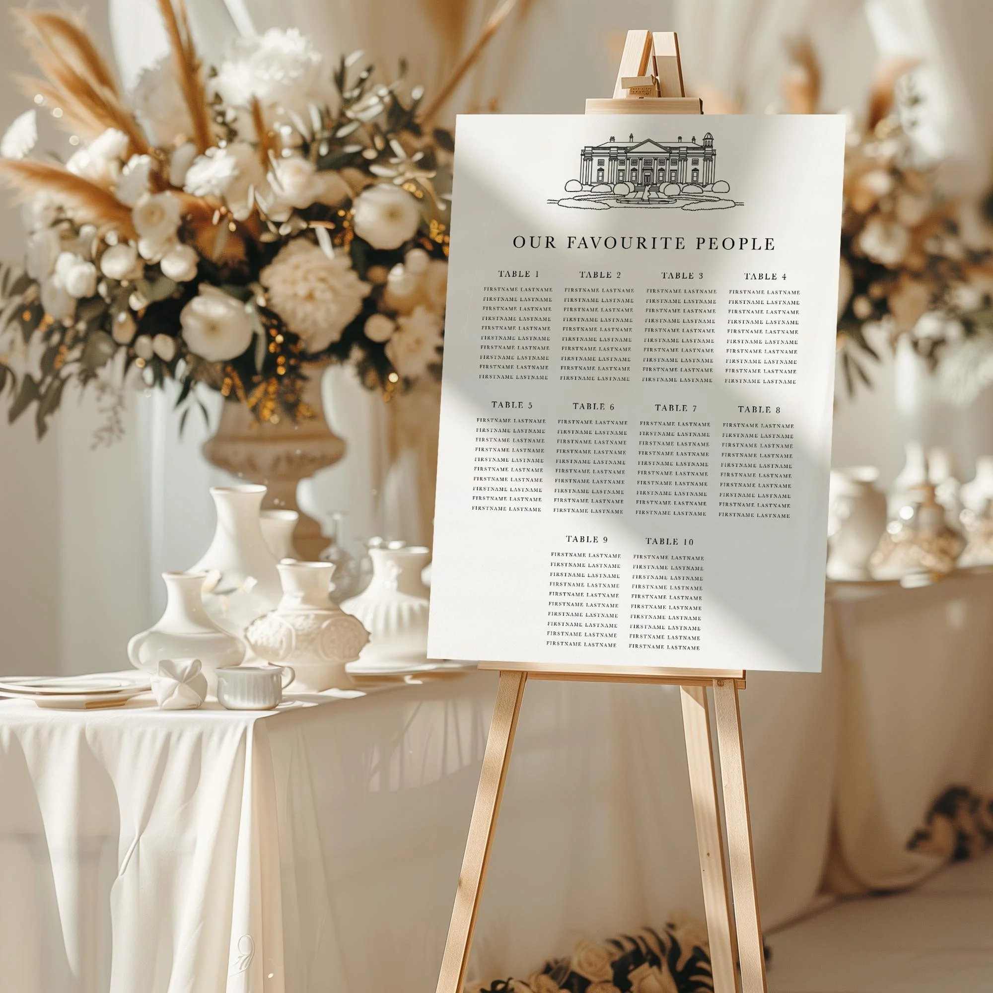Bespoke Venue Sketch wedding seating chart sign styled at a reception