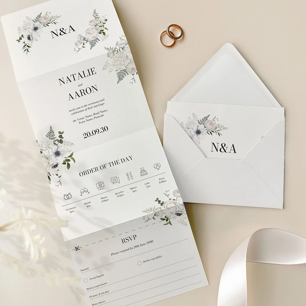 White Floral Concertina Wedding Invites