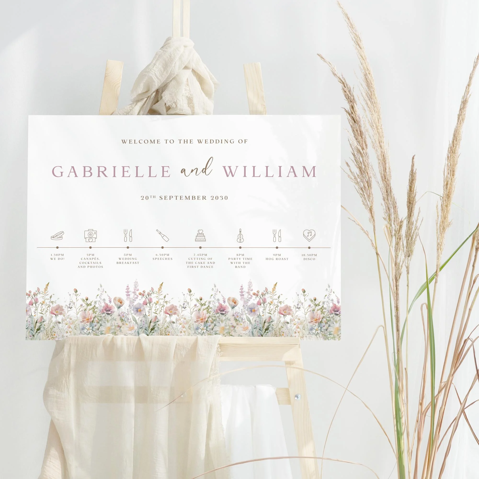 Dusty Pink Field Flowers wedding welcome sign design