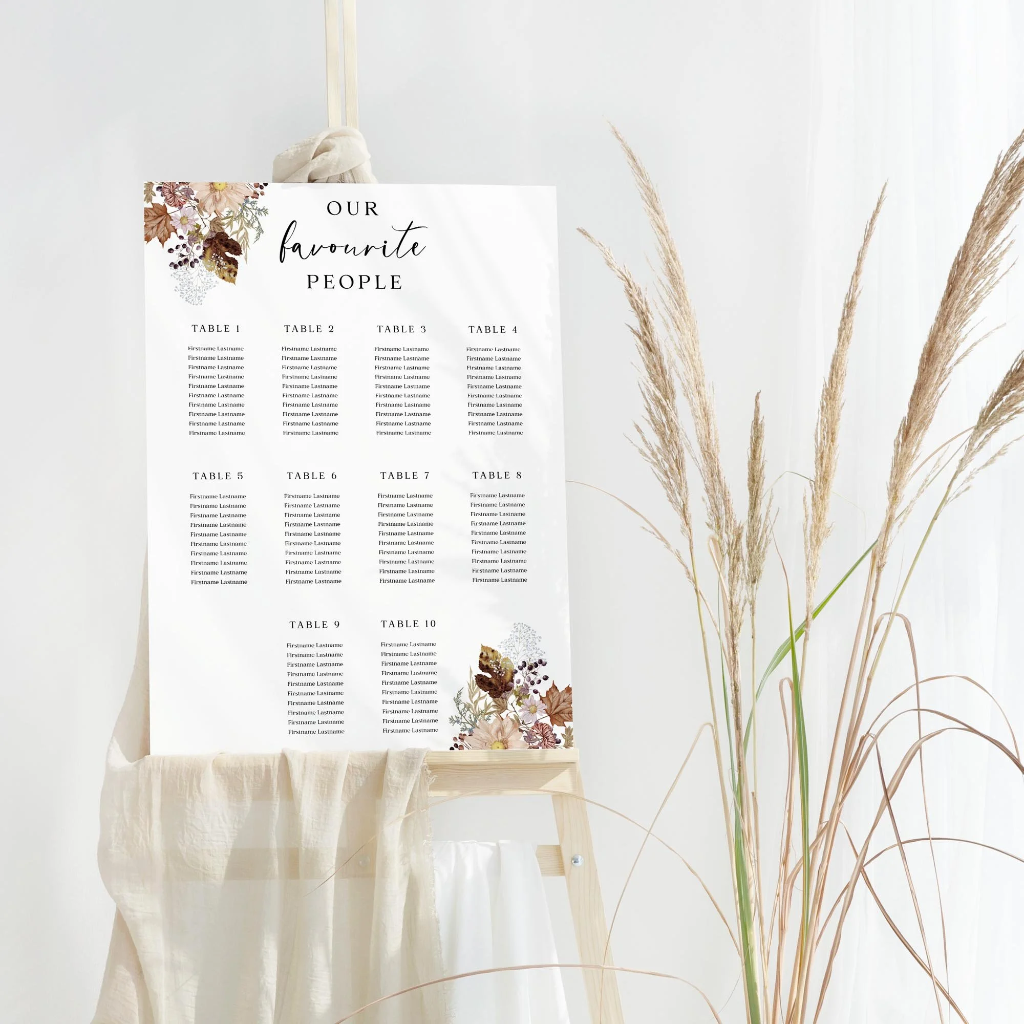 Autumn wedding table plan board seating chart sign
