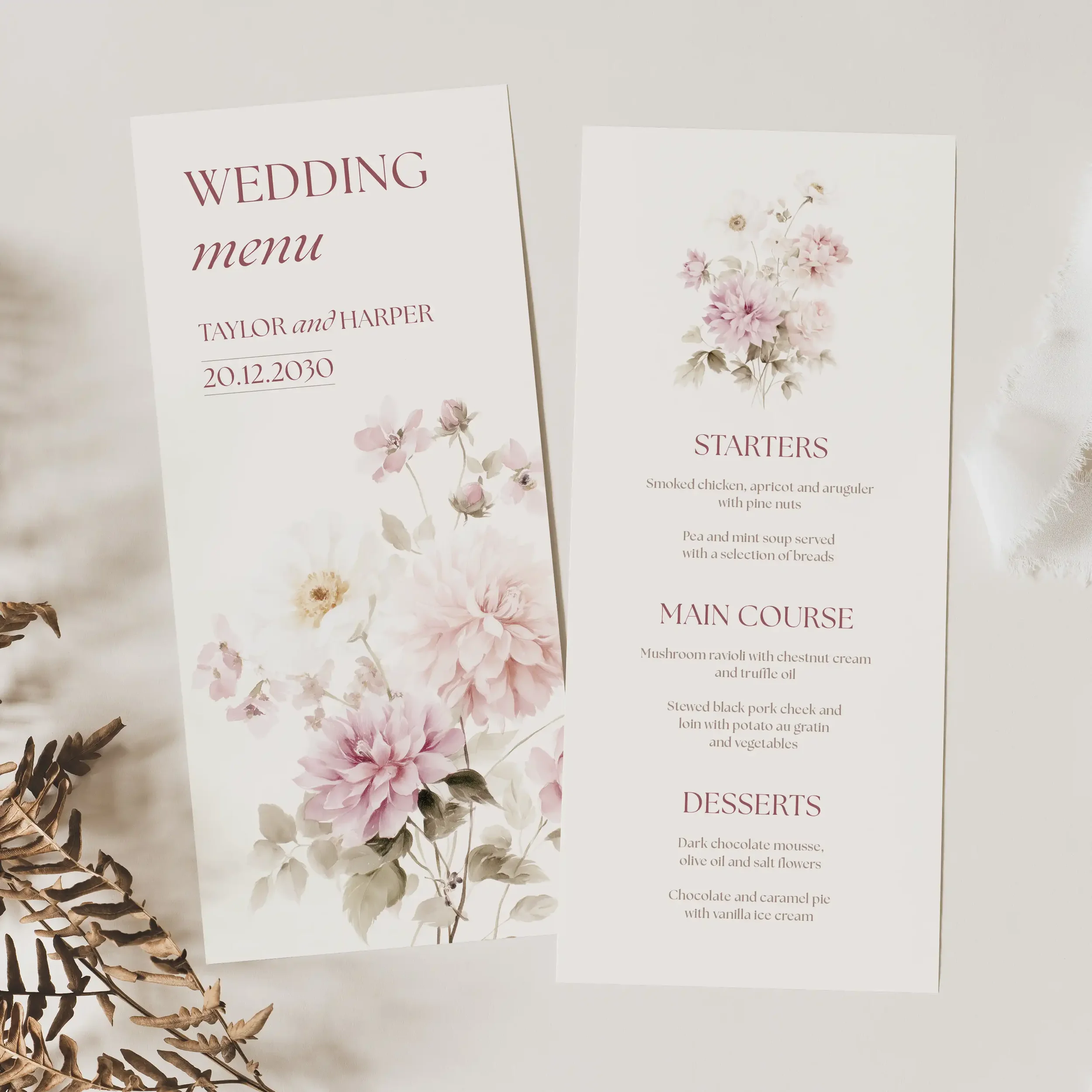 Front and back of the Petal Wedding Menu showing blush pink floral design and modern typography.