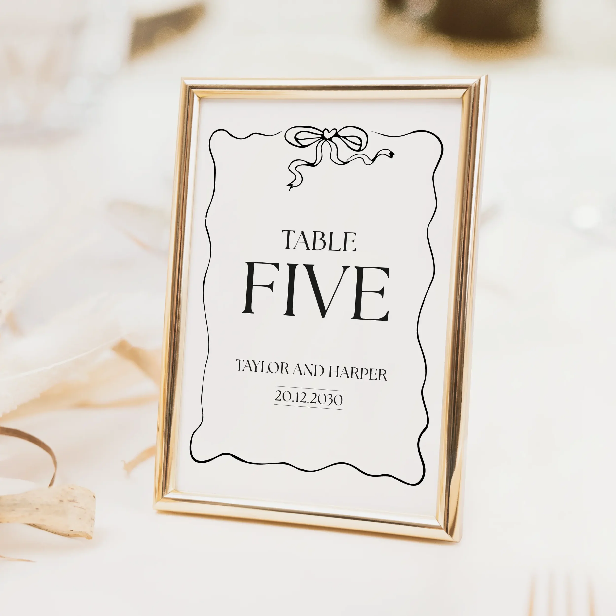 Black Tie wedding table number with classic black and white palette, decorative border and elegant serif typography printed on luxury off-white textured card