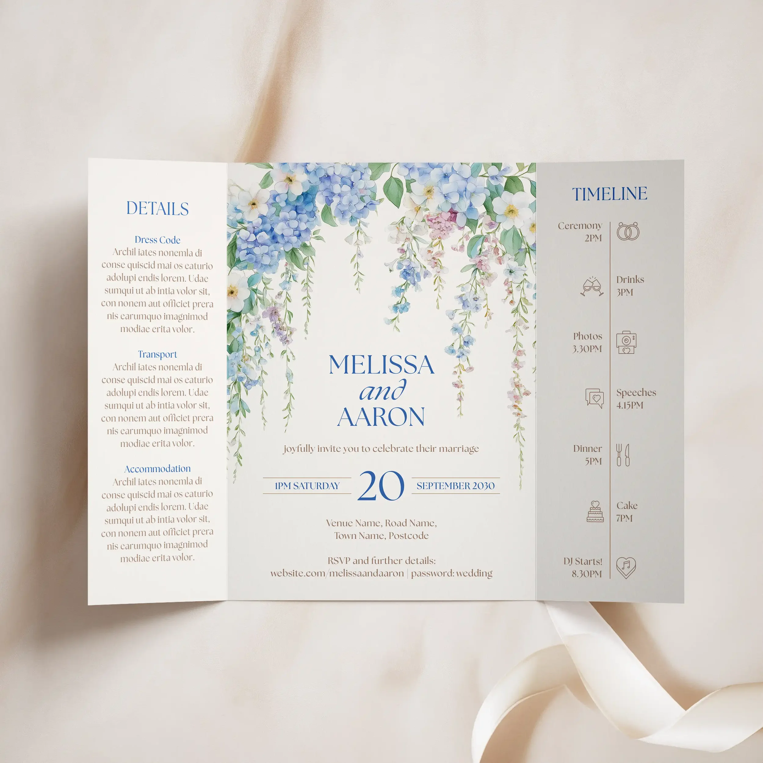 Open view of the Serenity Gatefold Wedding Invitation with cascading blue florals and elegant design.