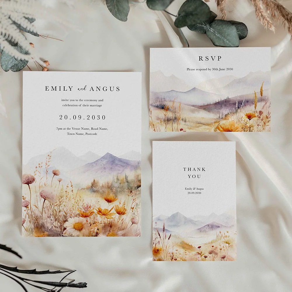 Wedding stationery suite consisting of invitation, RSVP card and thank you card featuring a hand-painted scenic landscape, ideal for rustic or countryside wedding celebrations.