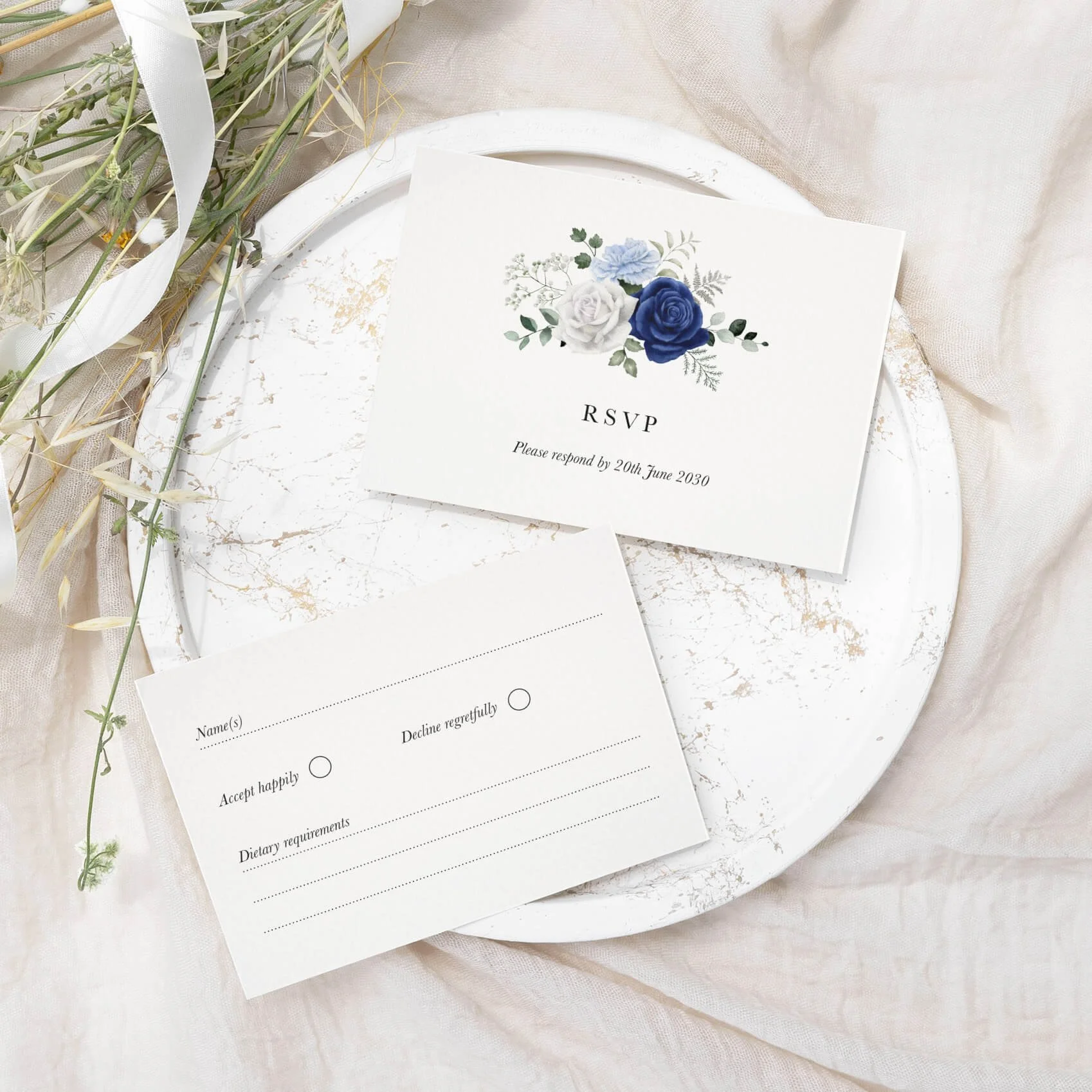 Royal wedding RSVP card with navy blue and white watercolour rose floral illustration on luxury off-white card