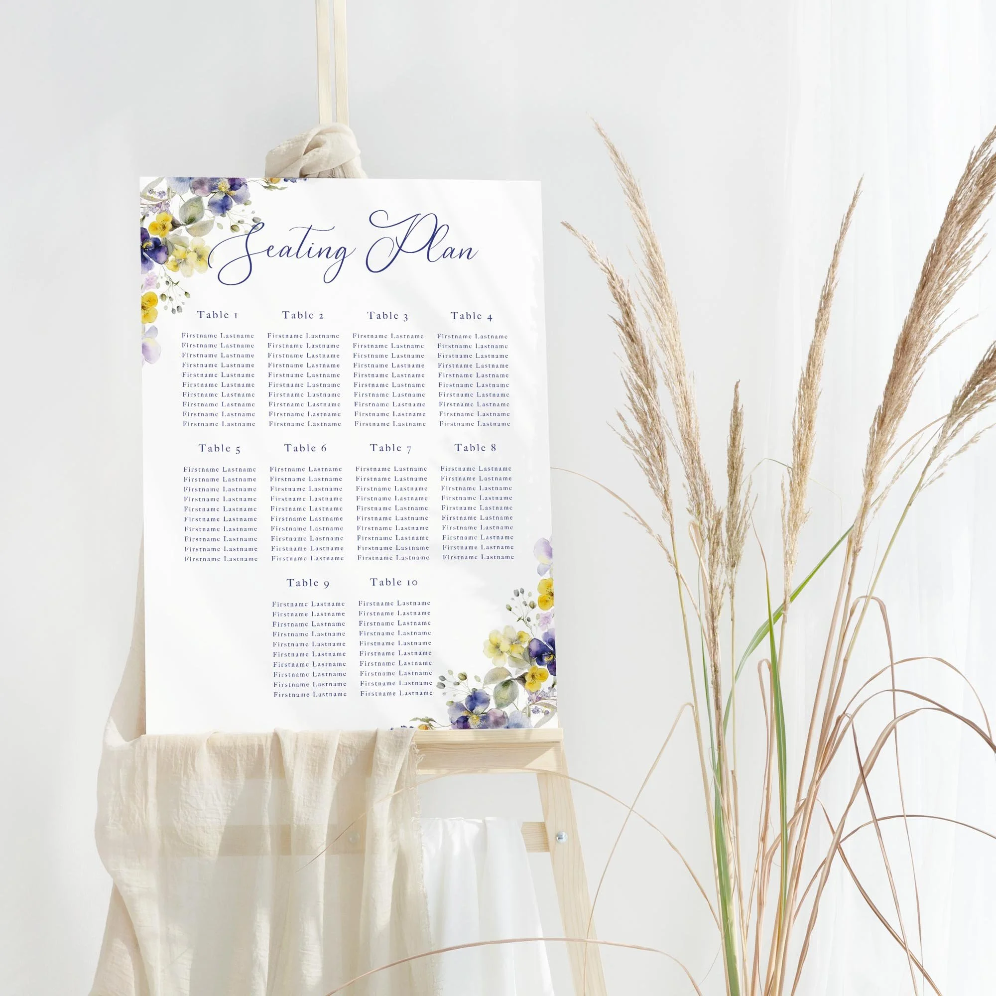 Violet and Yellow Floral wedding table plan board seating chart sign