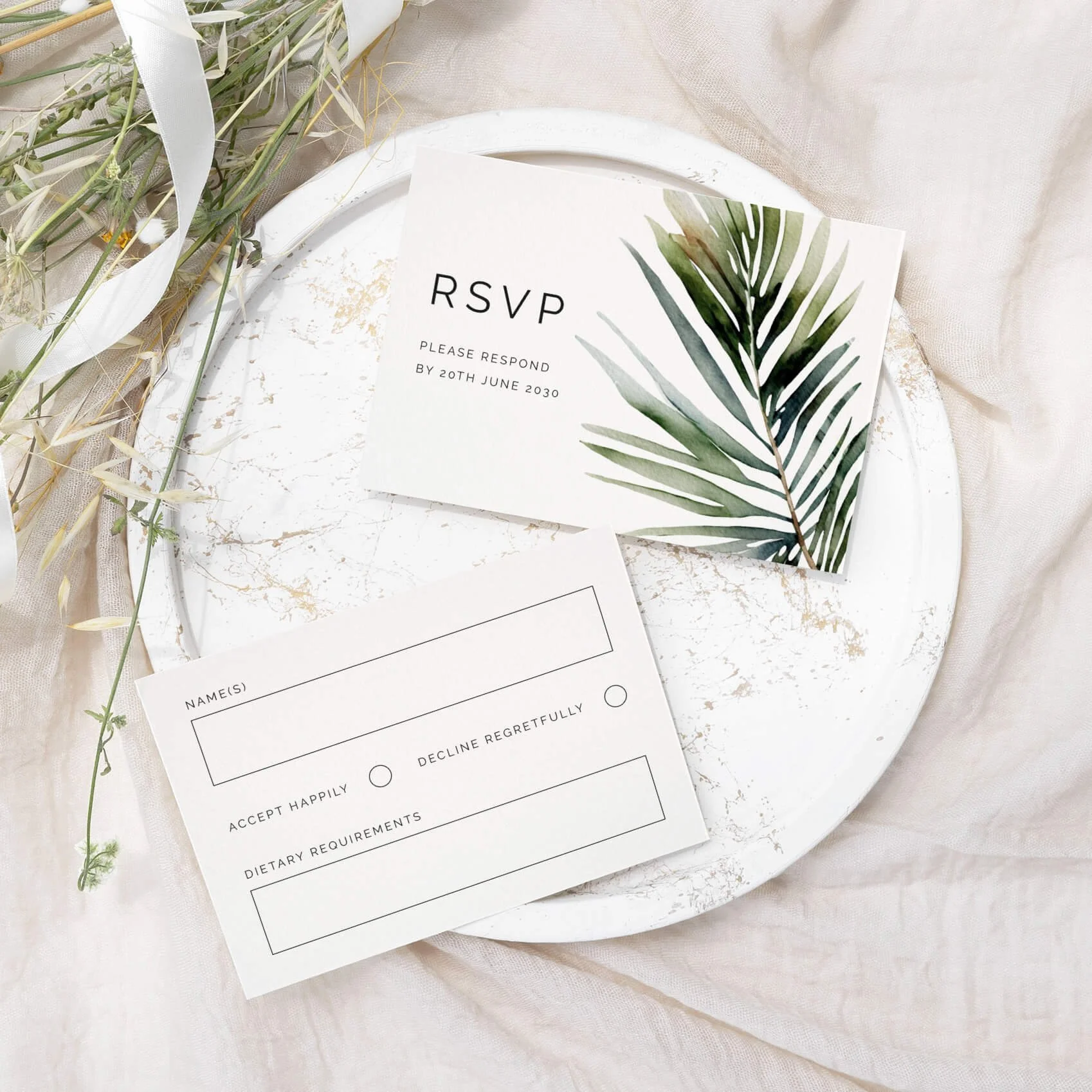 Palm Tree wedding RSVP card with bold green watercolour palm leaf illustration on luxury off-white card