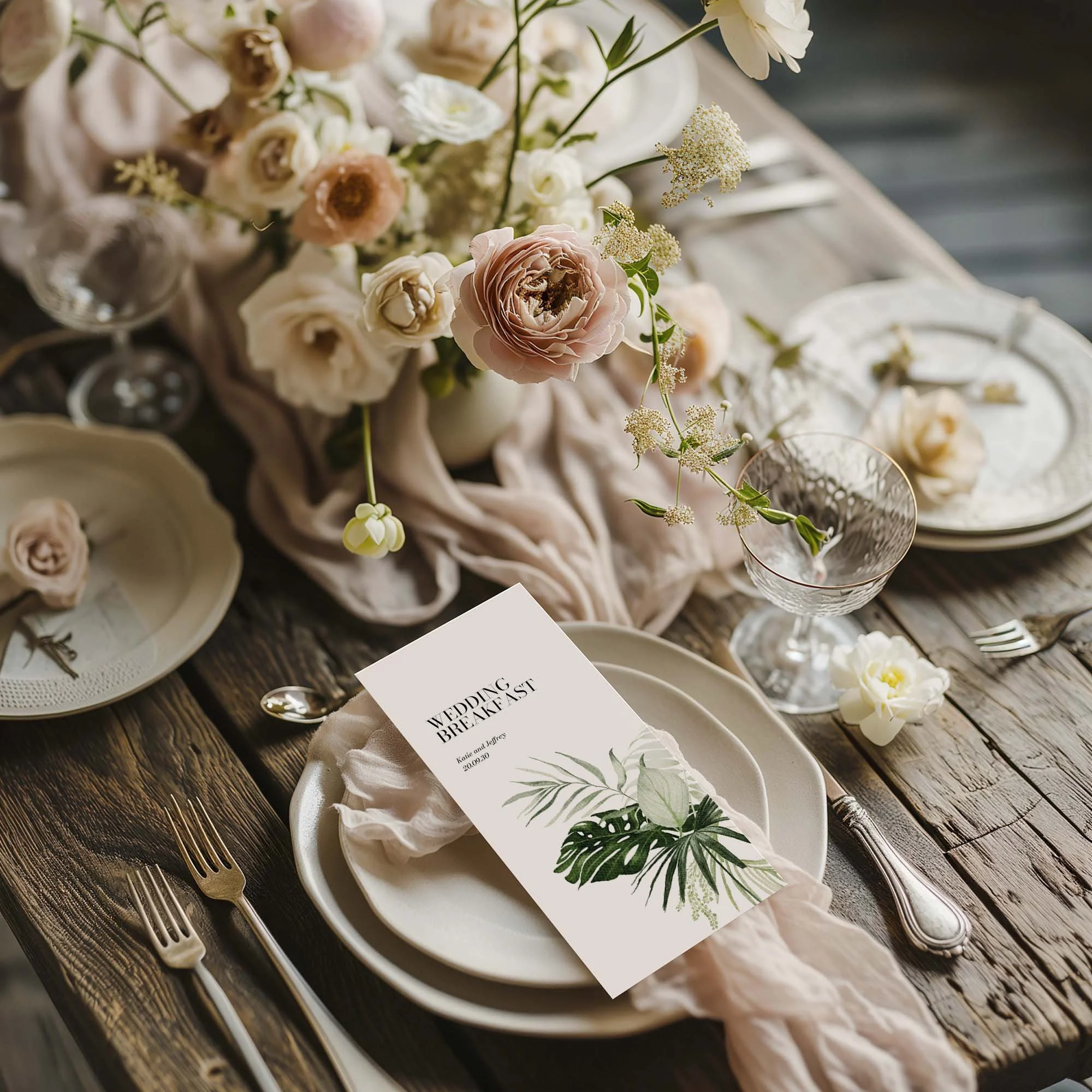 Tropical Leaves wedding menu card styled on a wedding table setting with tableware and décor