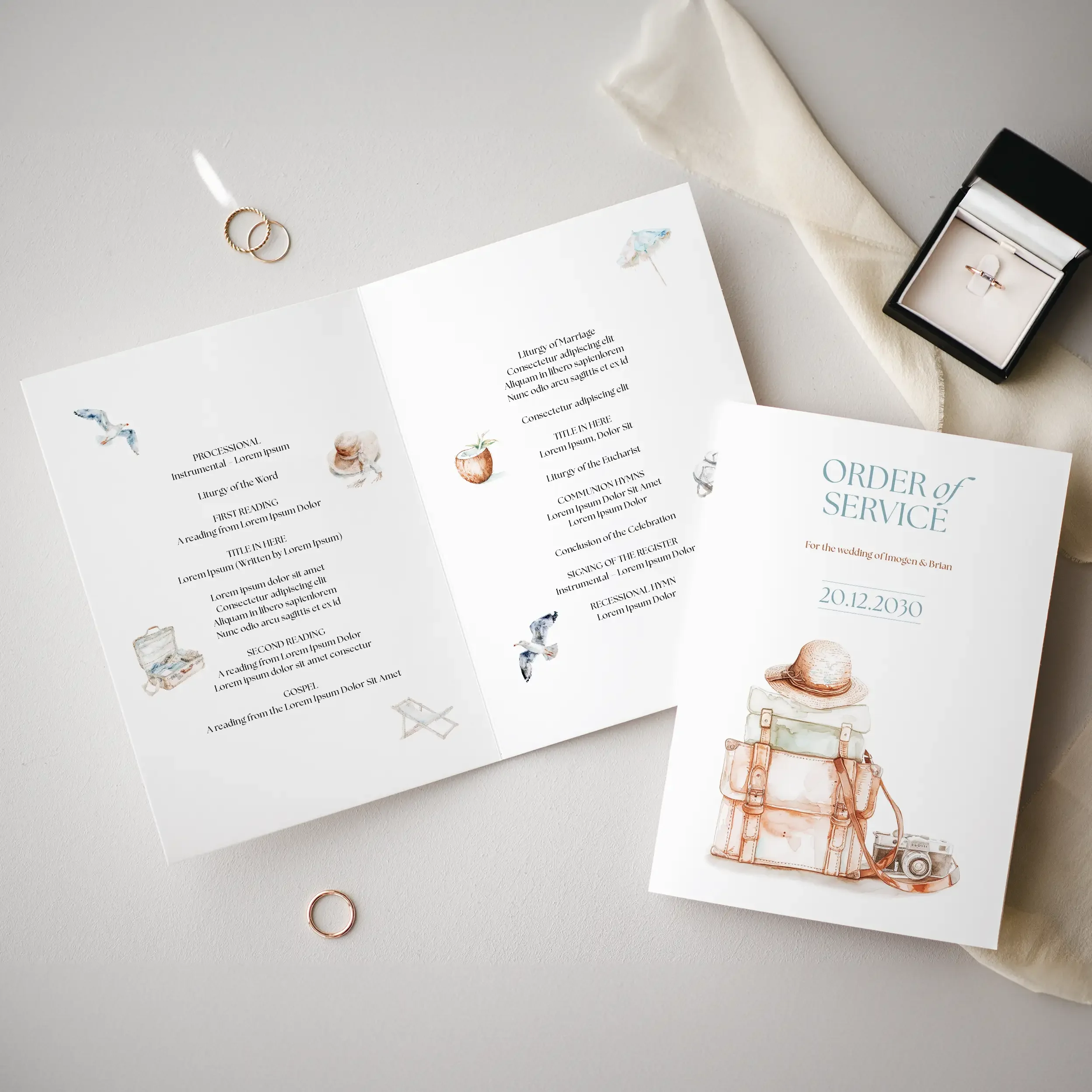 Explorer Order of Service booklet showing vintage suitcase cover and inside ceremony page.
