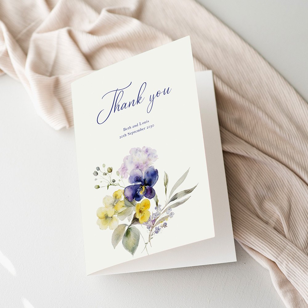 Purple Violet and Yellow Floral Wedding Thank You Cards