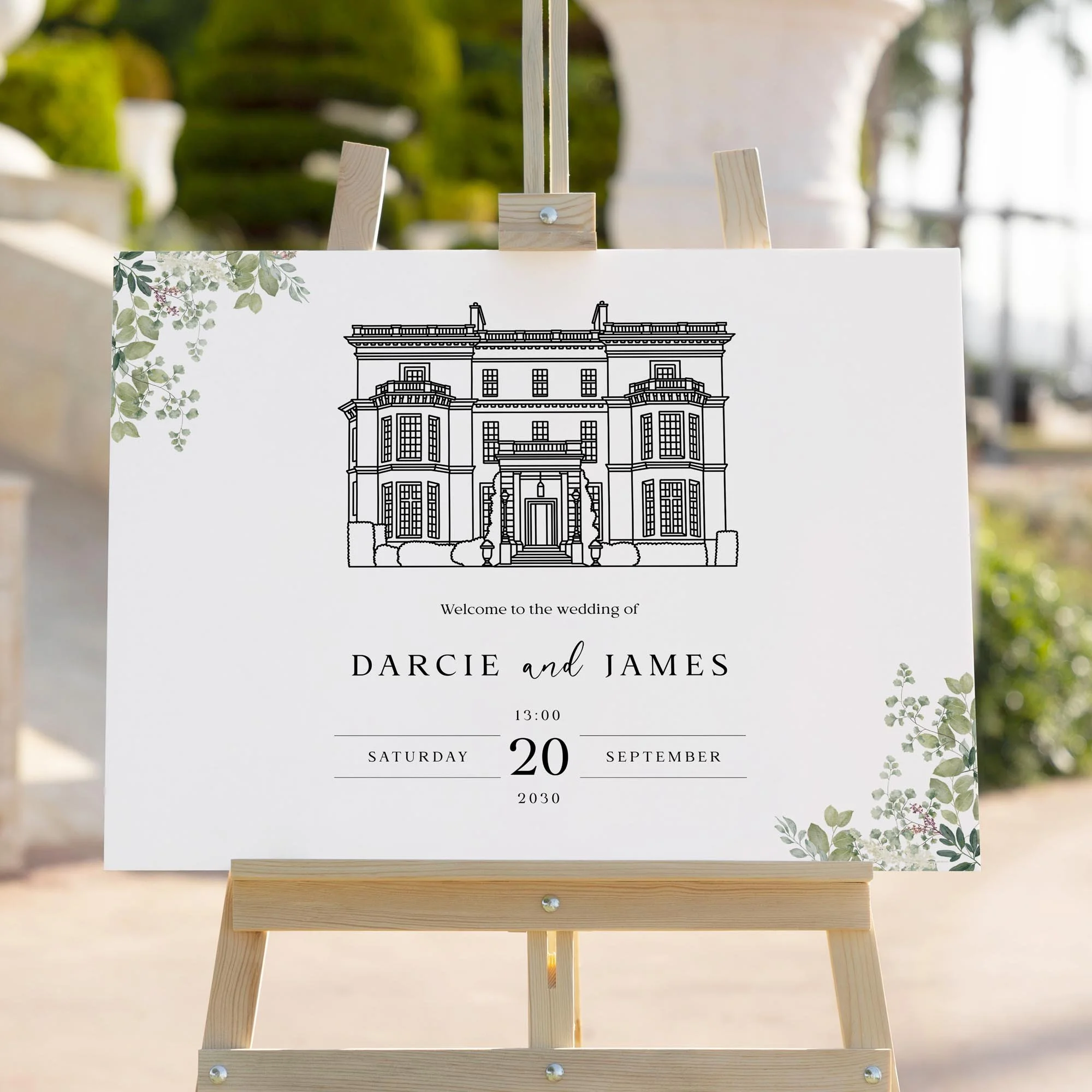 Custom Venue Illustration with Greenery wedding welcome sign styled outdoors close-up