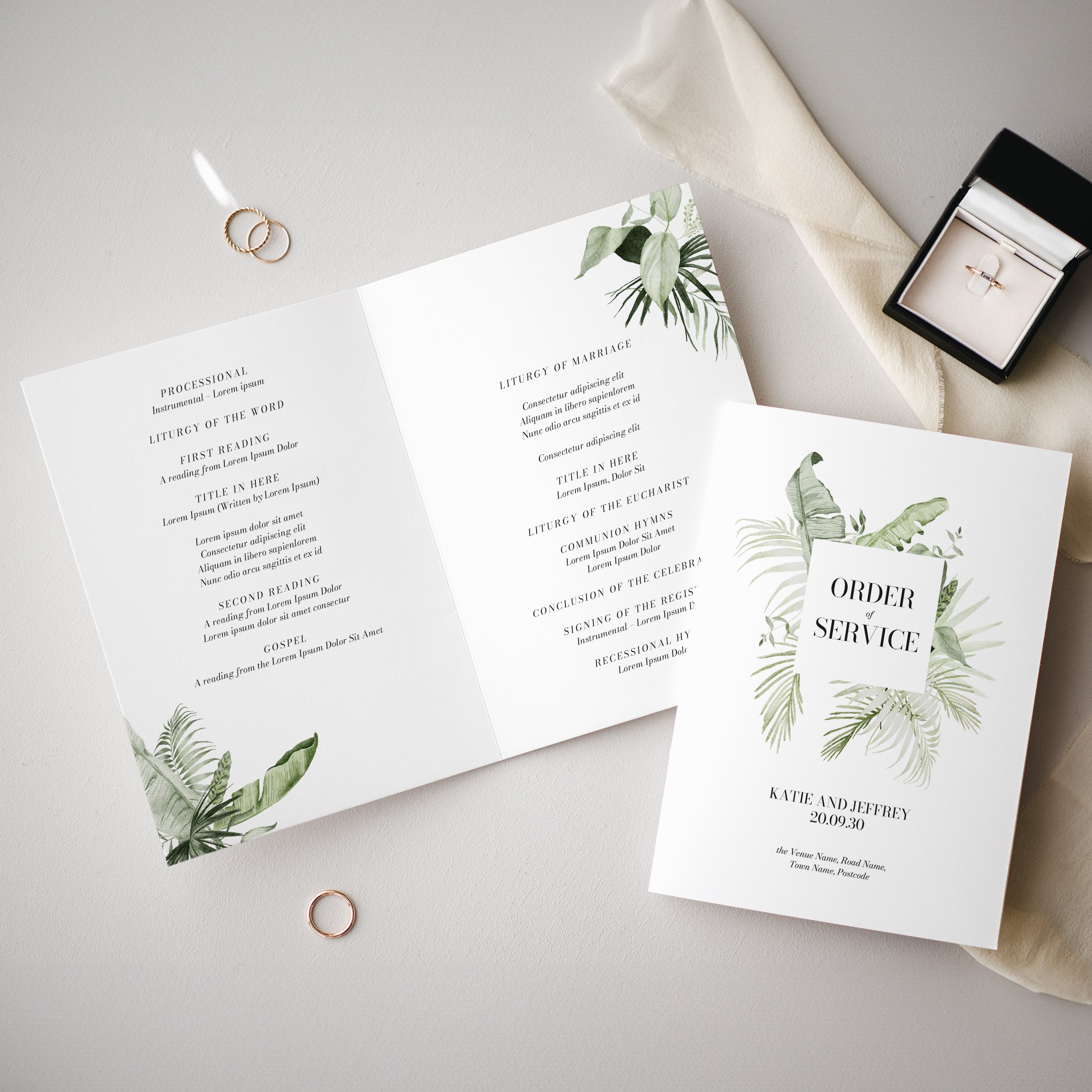 Tropical Leaf Wedding Order of the Day Programme