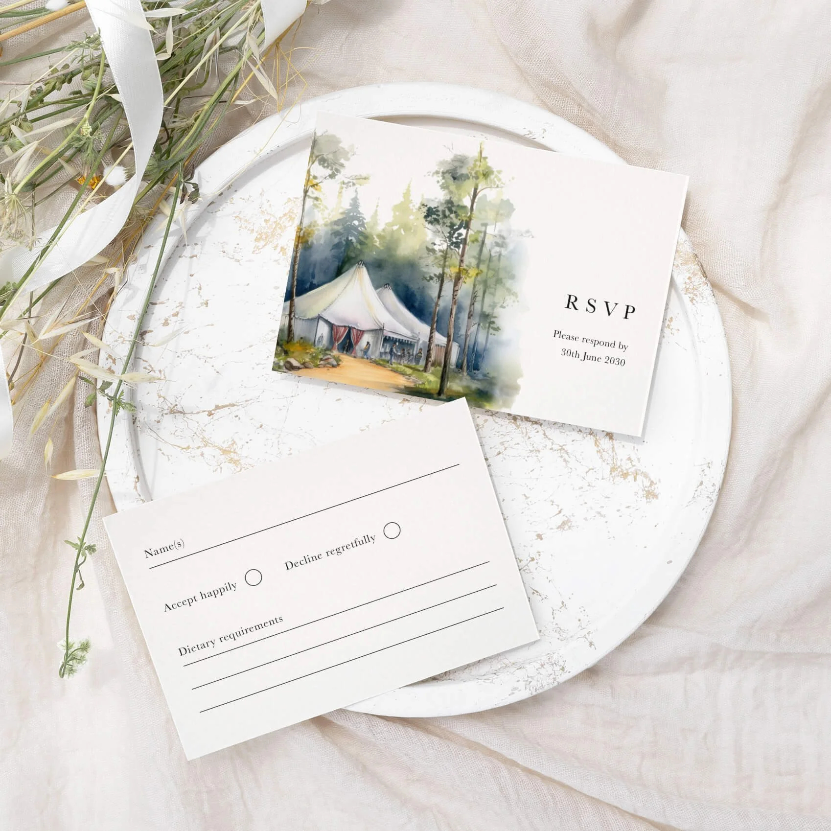 Bell Tent wedding RSVP card with festival wedding tent illustration and elegant typography on luxury off-white card