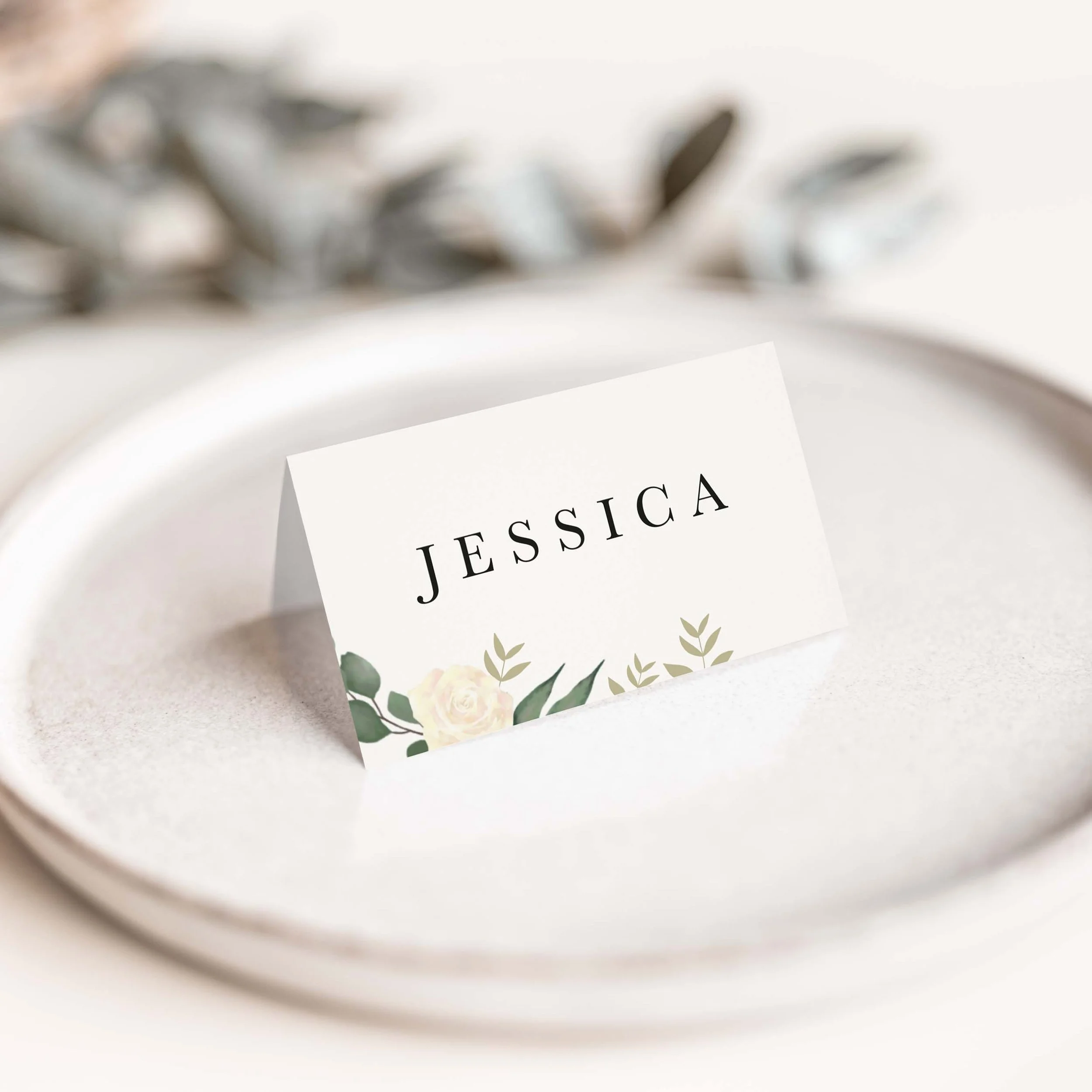 White Flower and Greenery Wedding Place Cards