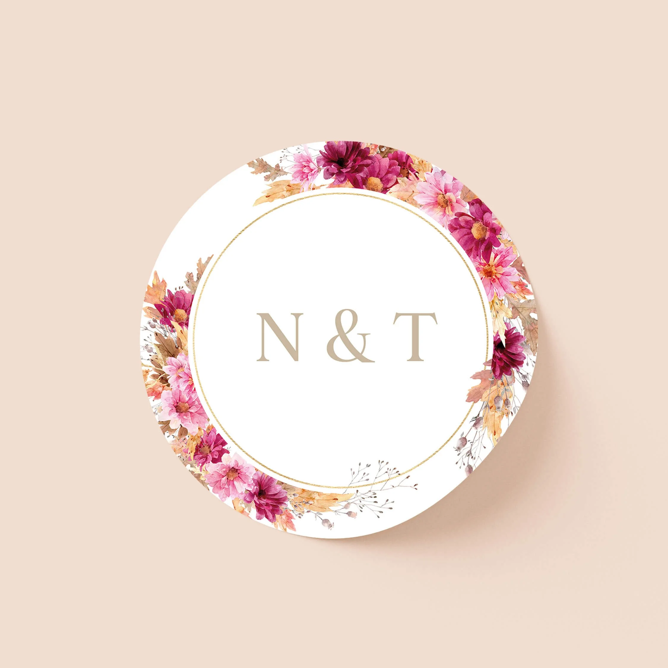 Chrysanthemum wedding sticker with colourful floral border and initials on round personalised seal