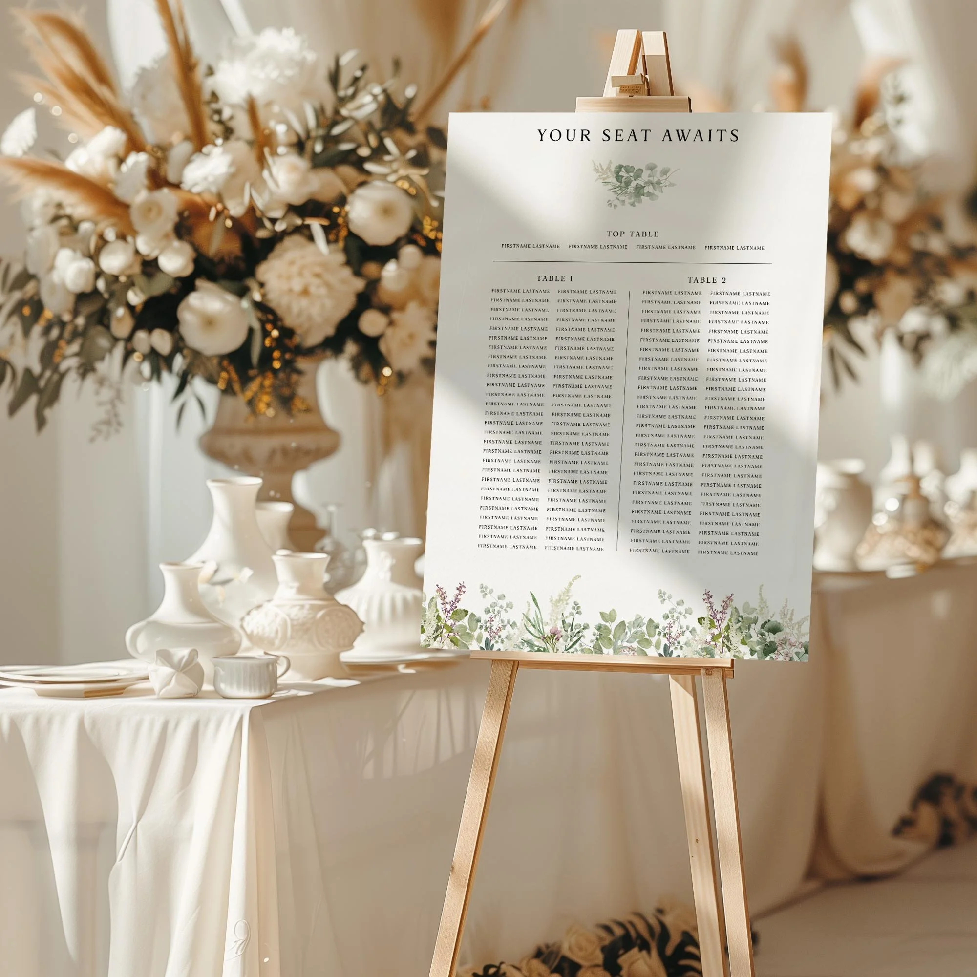 Forest Trestle Table wedding seating chart sign styled at a reception