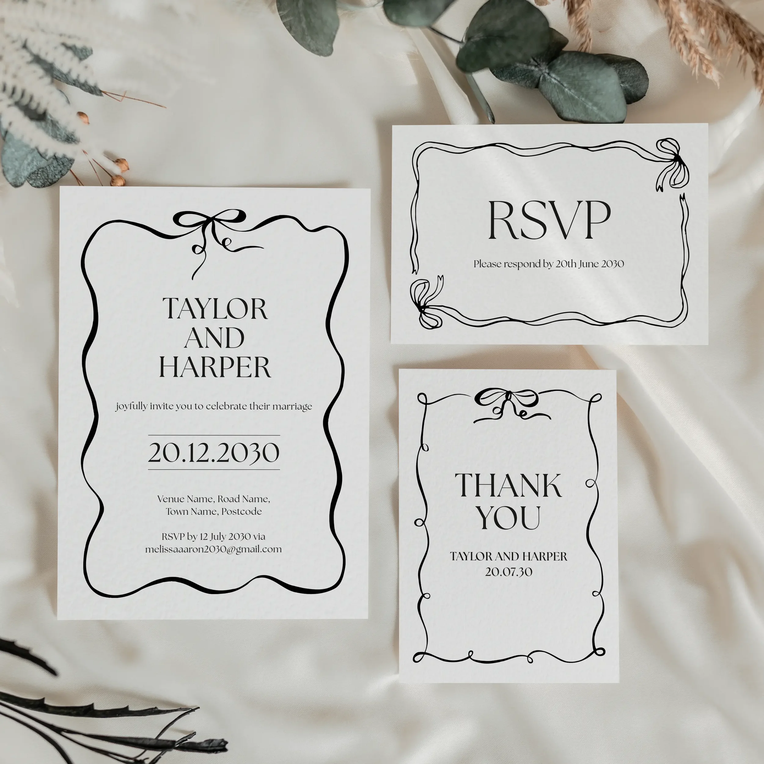 Black Tie Wedding Invitation paired with matching RSVP card.