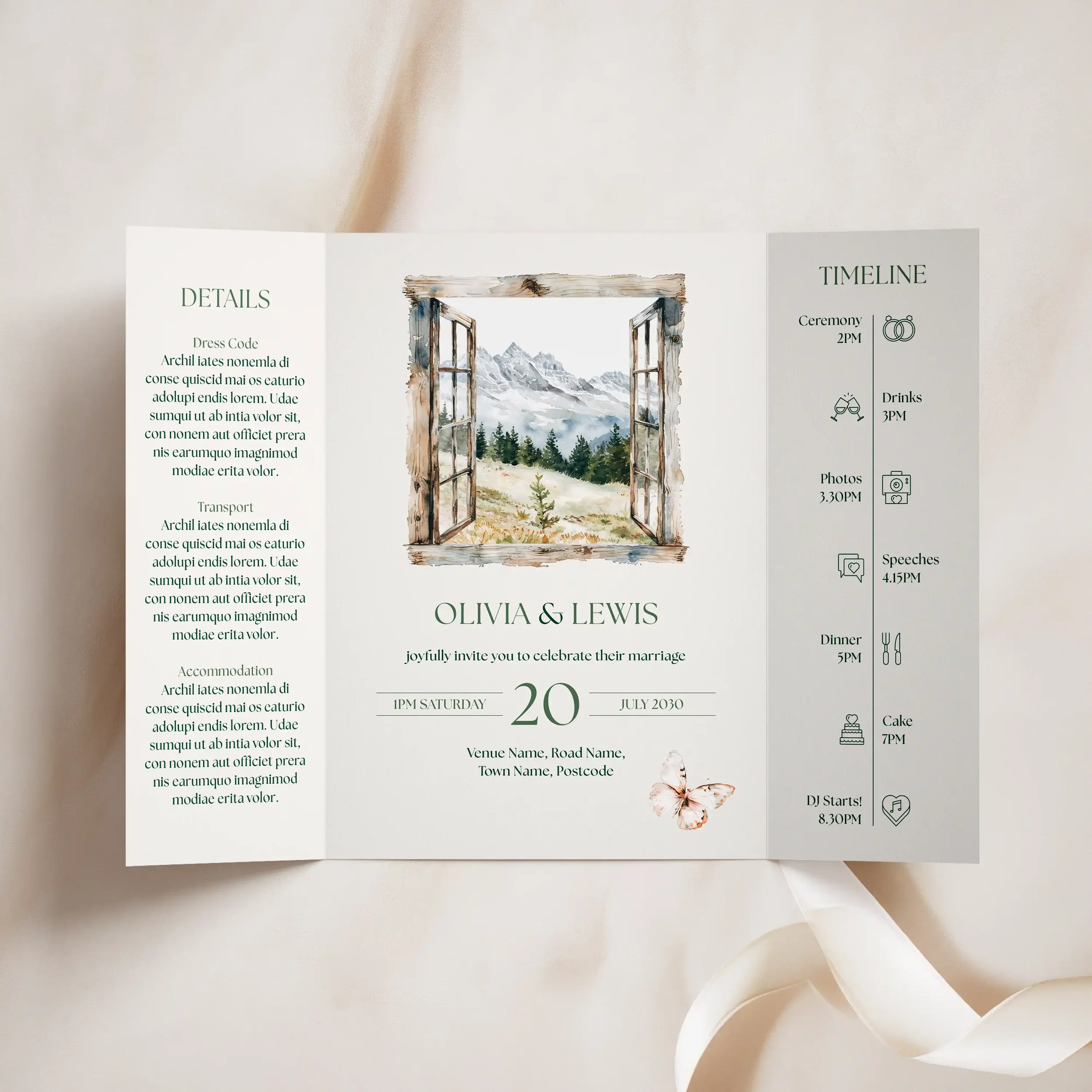 Open view of the Adventure Gatefold Wedding Invitation showing scenic mountains and woodland design.