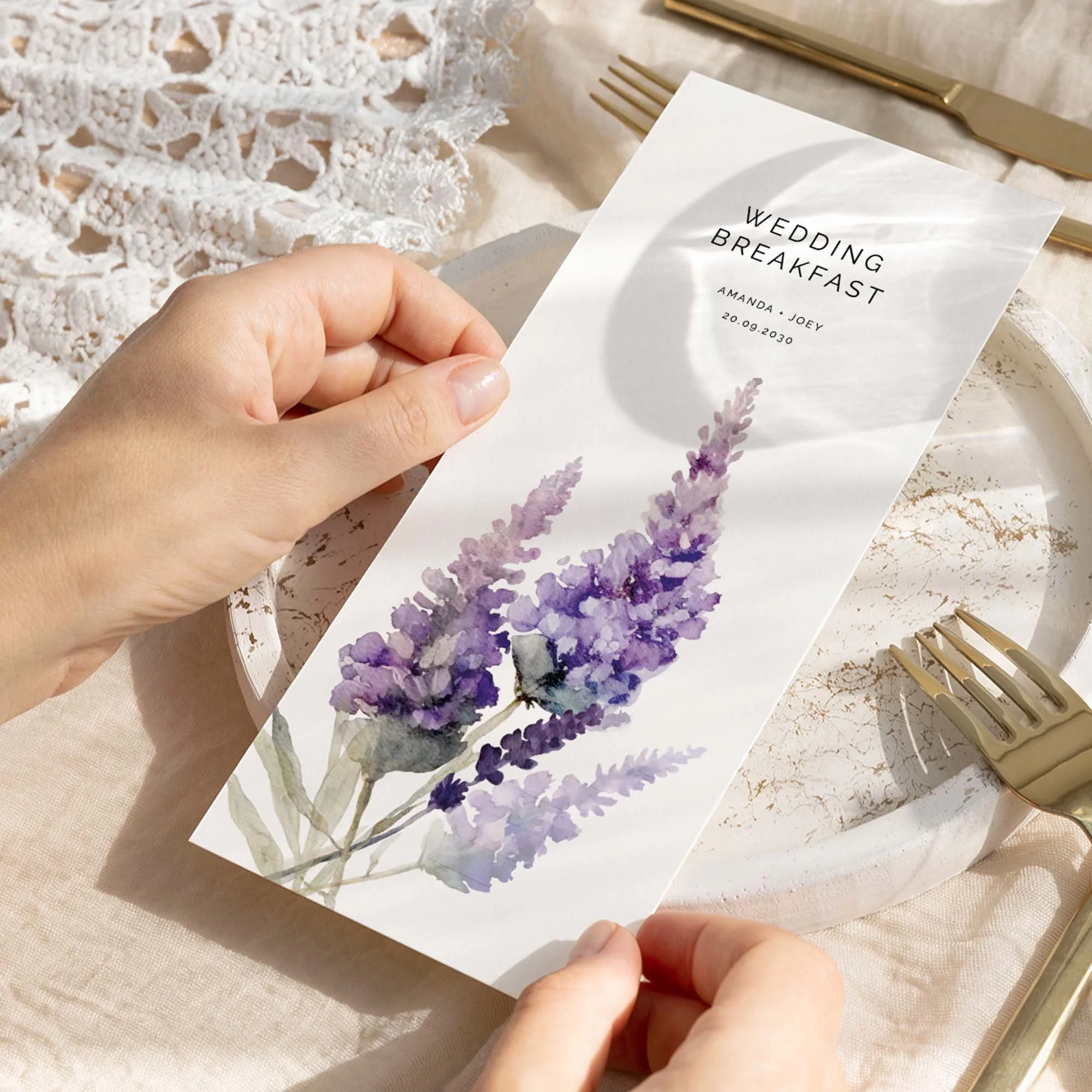 Hand holding Lavender wedding menu card showing size and printed design details