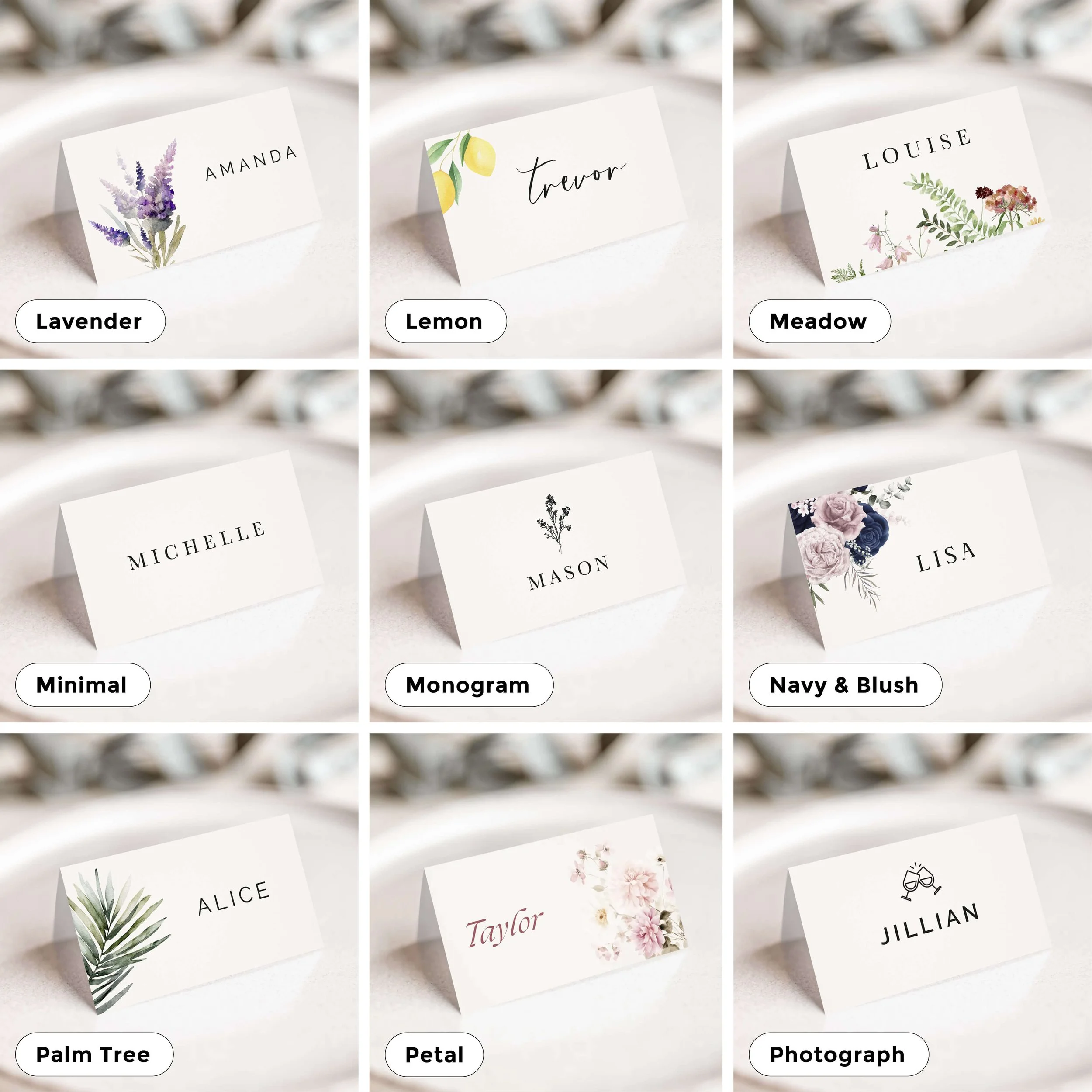 Selection of personalised wedding place card designs in various styles, including modern, floral, and minimalist, displayed on wedding tables