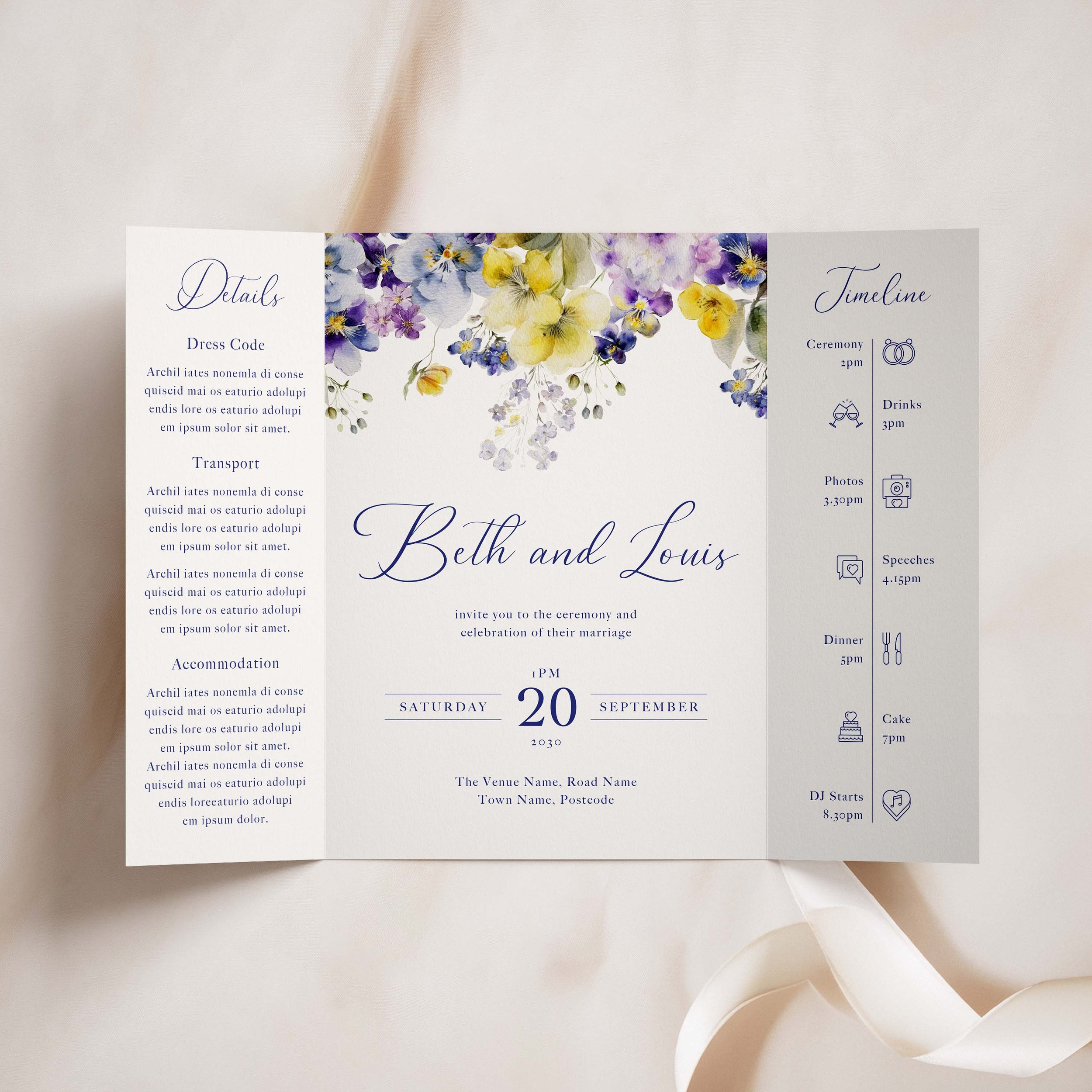 Violet and Yellow Floral Gatefold Wedding Invitation Samples