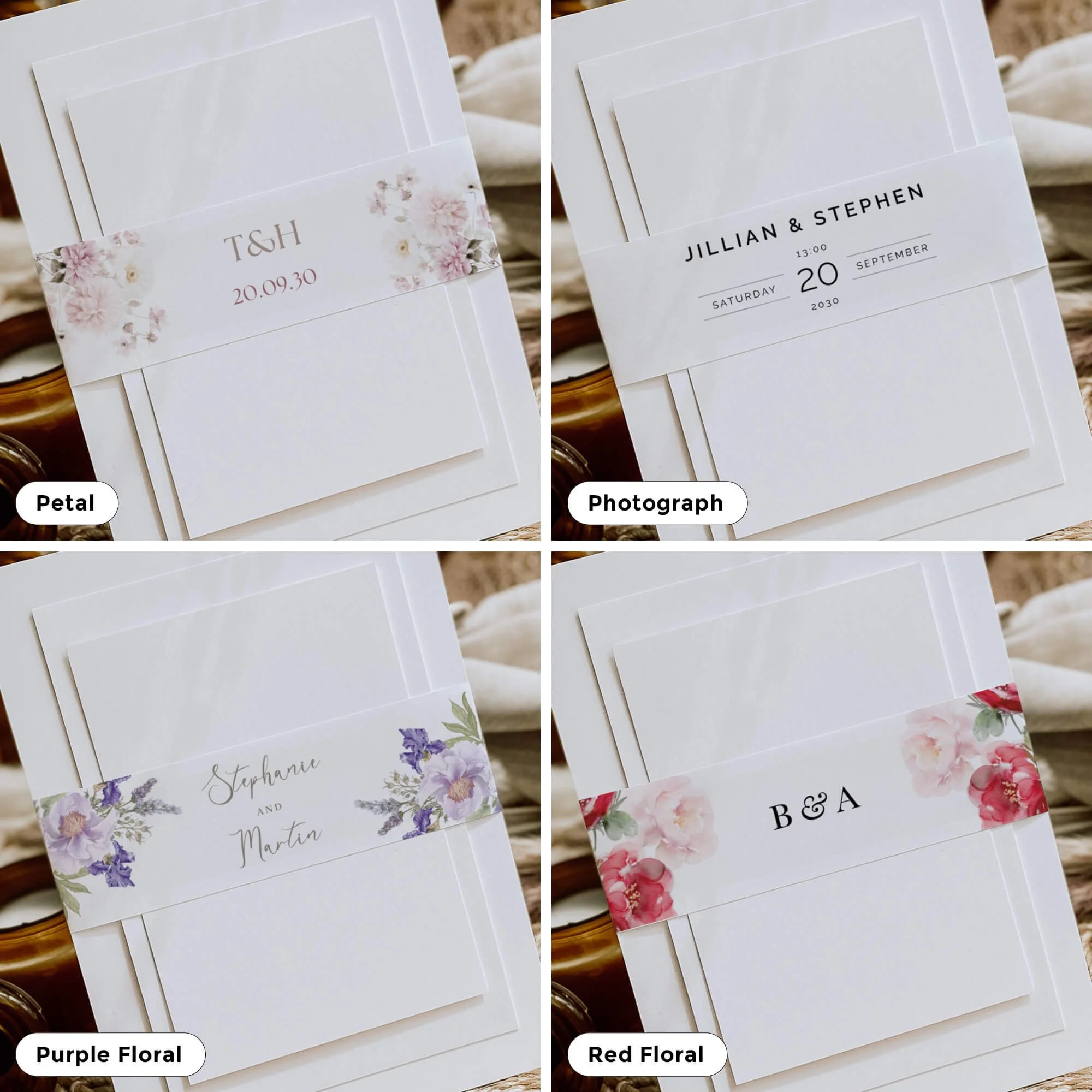 Collection of personalised wedding belly bands in a variety of elegant designs