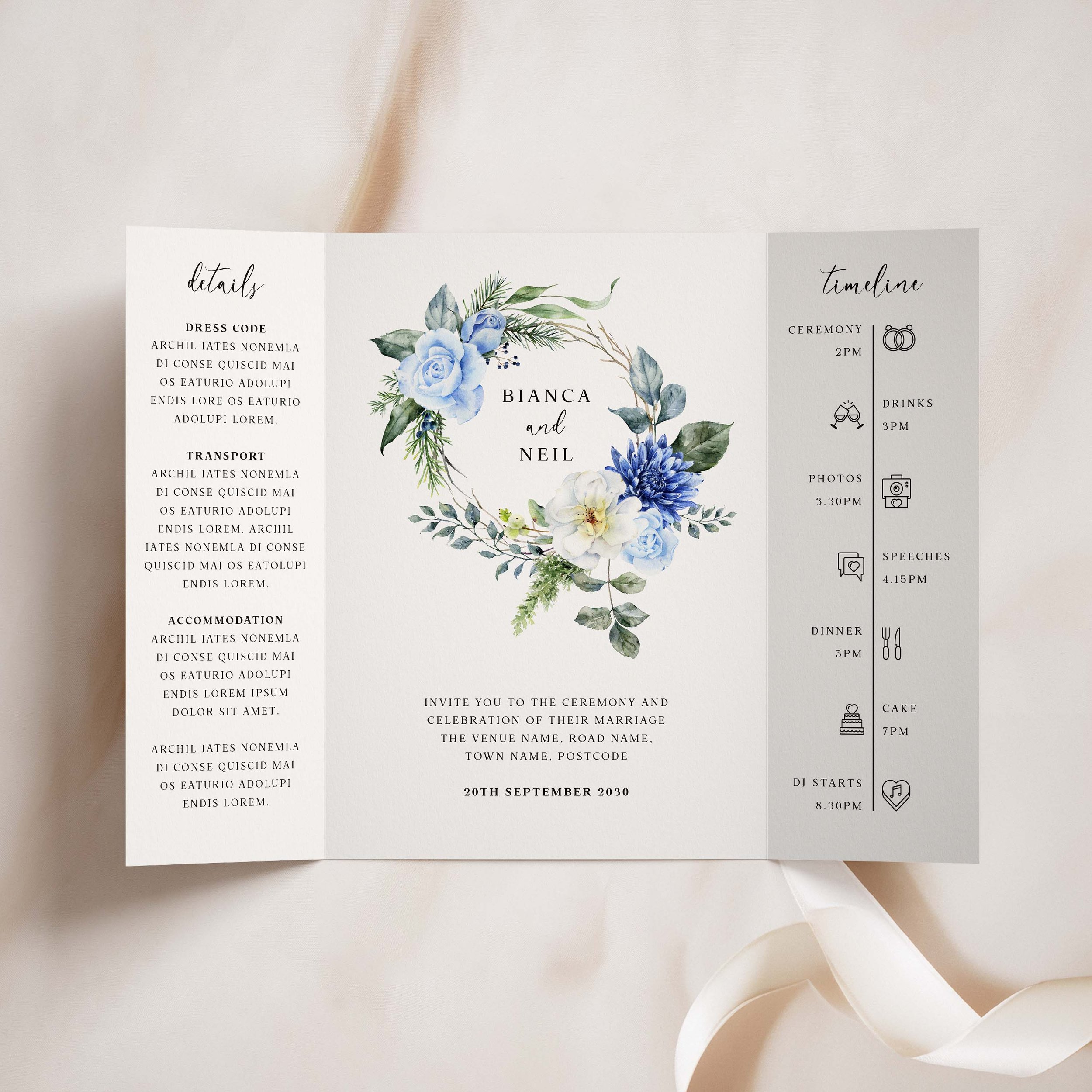 Blue floral wreath gatefold wedding invitation