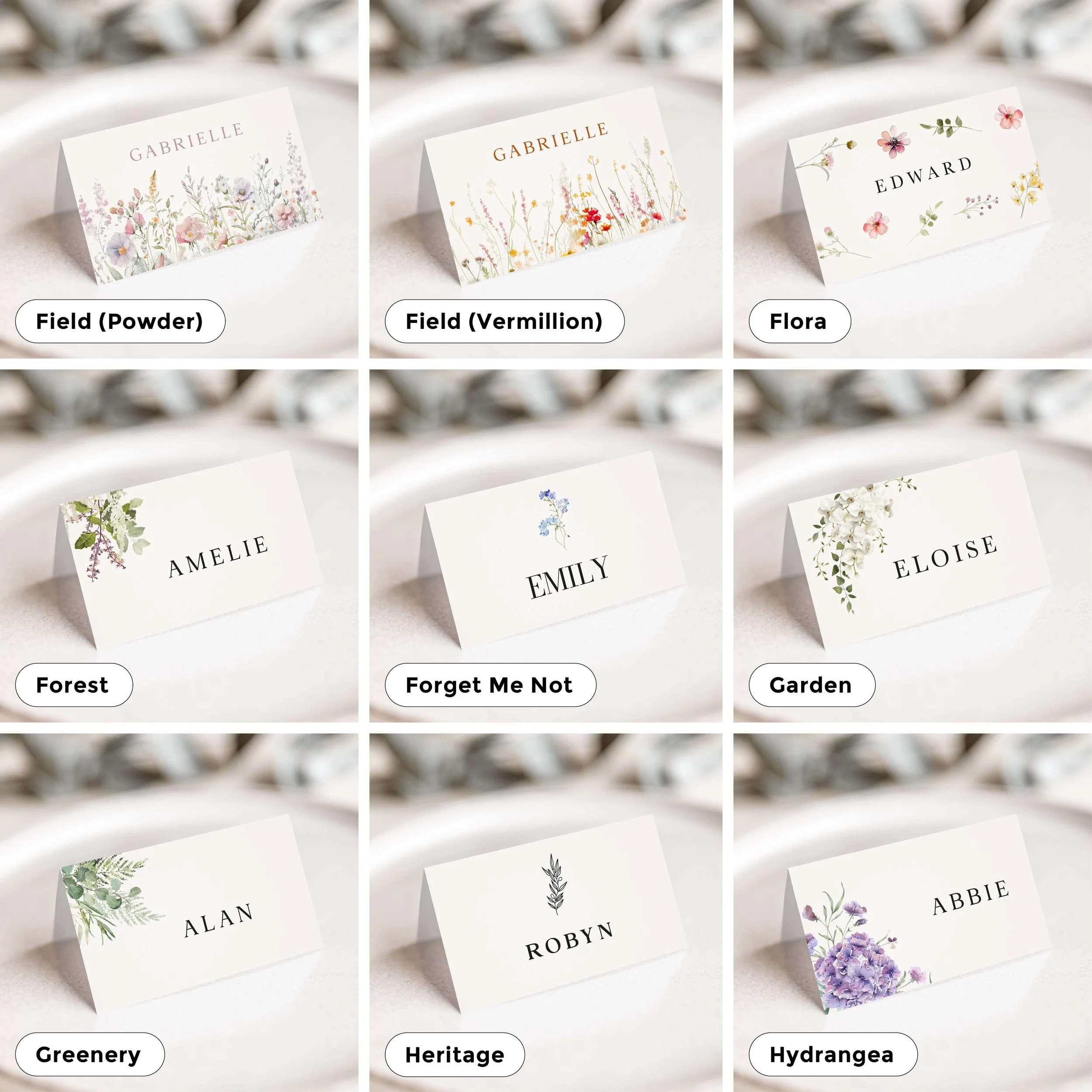 Selection of personalised wedding place card designs in various styles, including modern, floral, and minimalist, displayed on wedding tables