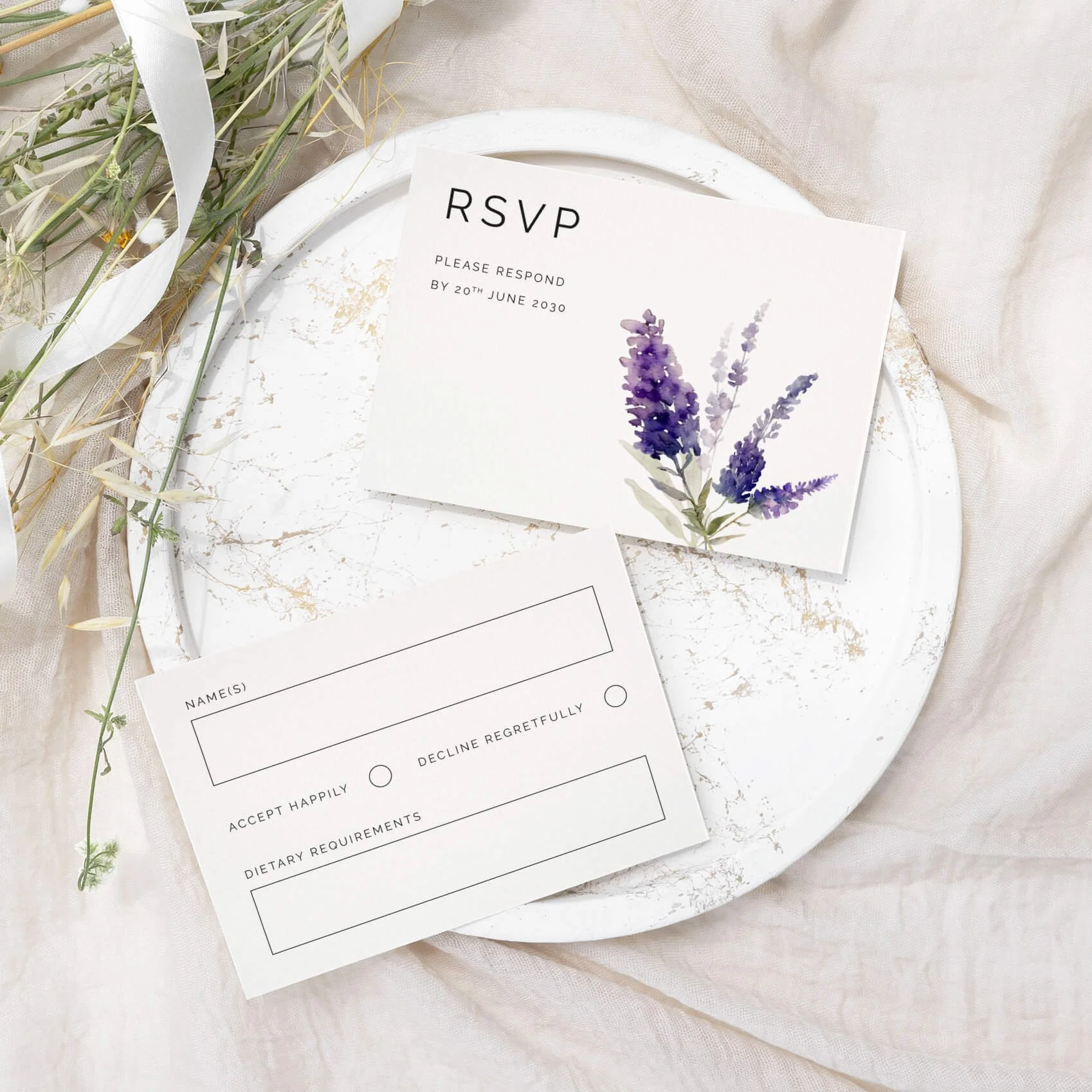 Lavender wedding RSVP card with purple watercolour lavender sprig illustration on luxury off-white card