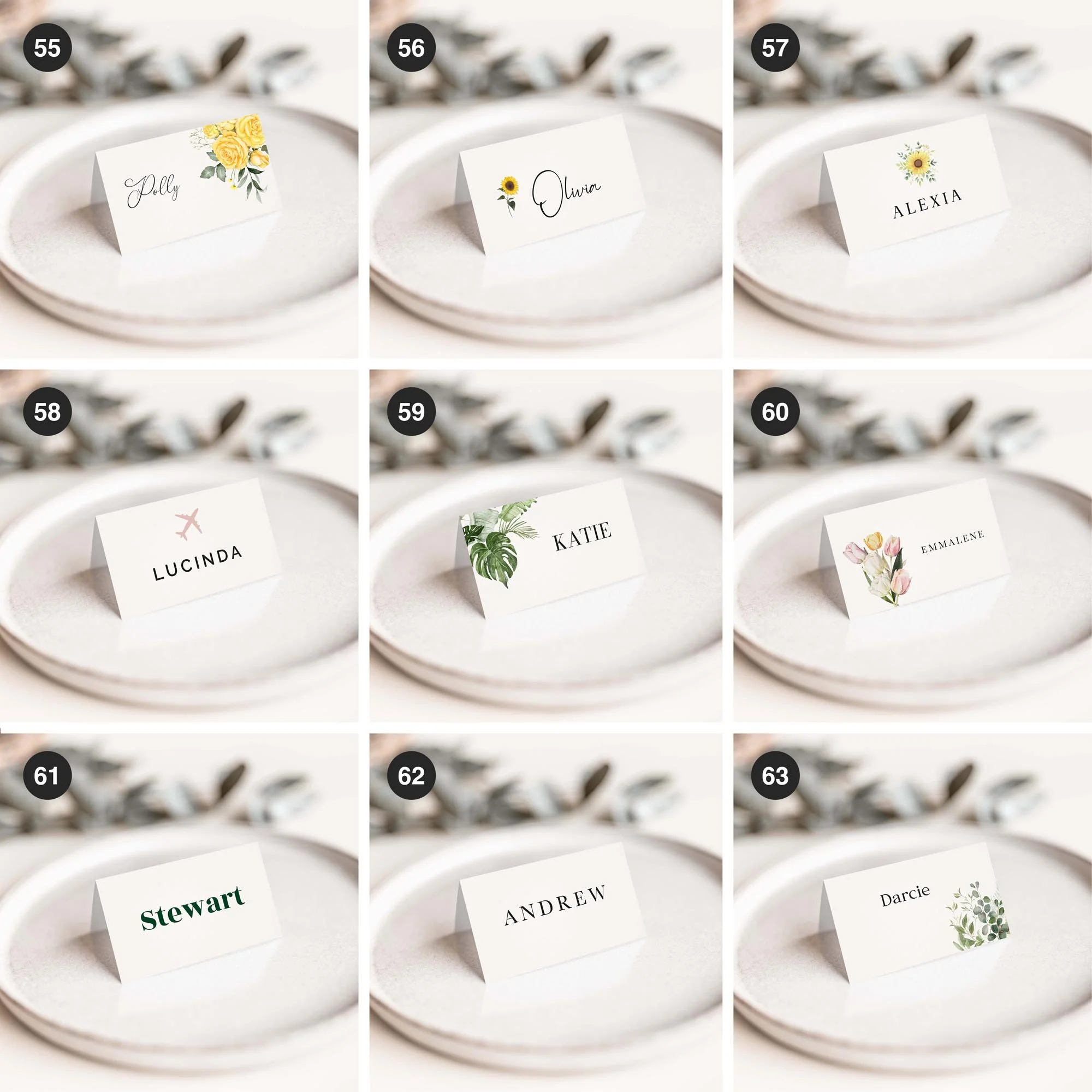 Selection of personalised wedding place card designs in various styles, including modern, floral, and minimalist, displayed on wedding tables