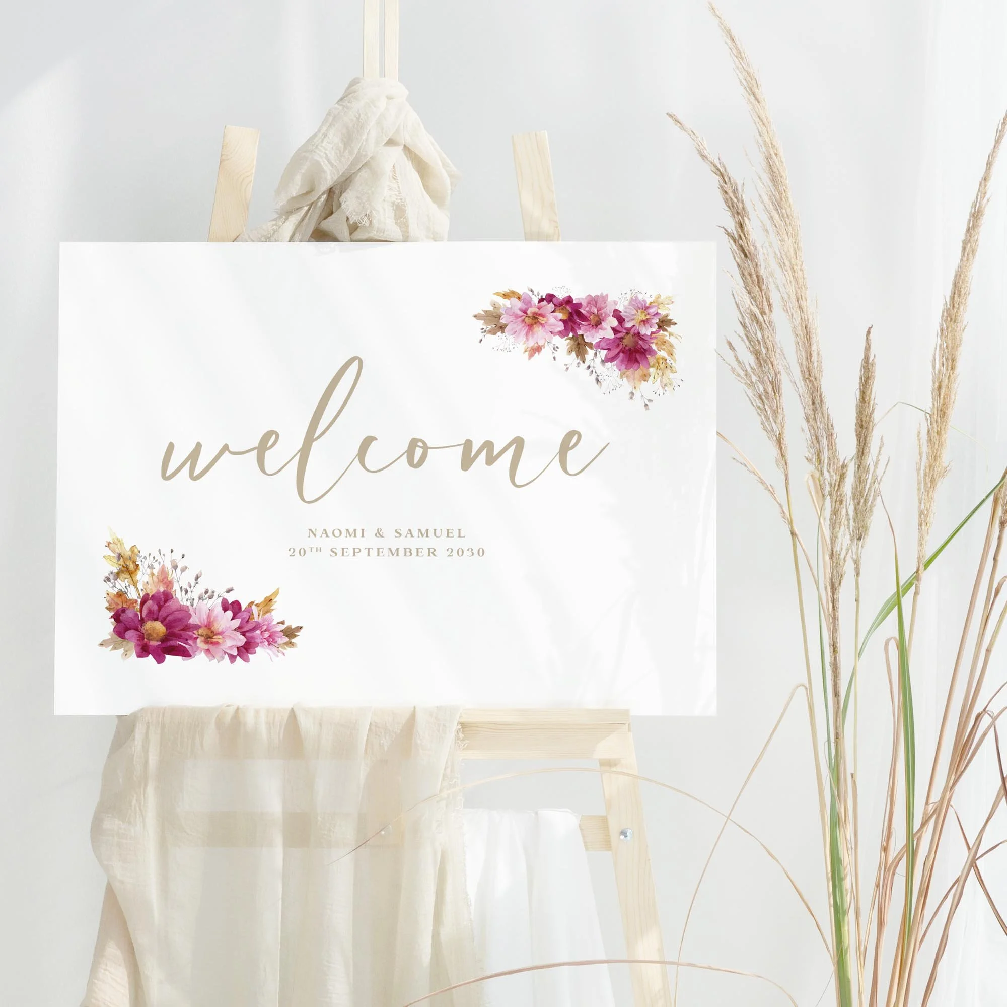Dark Pink Chrysanthemum wedding welcome sign design