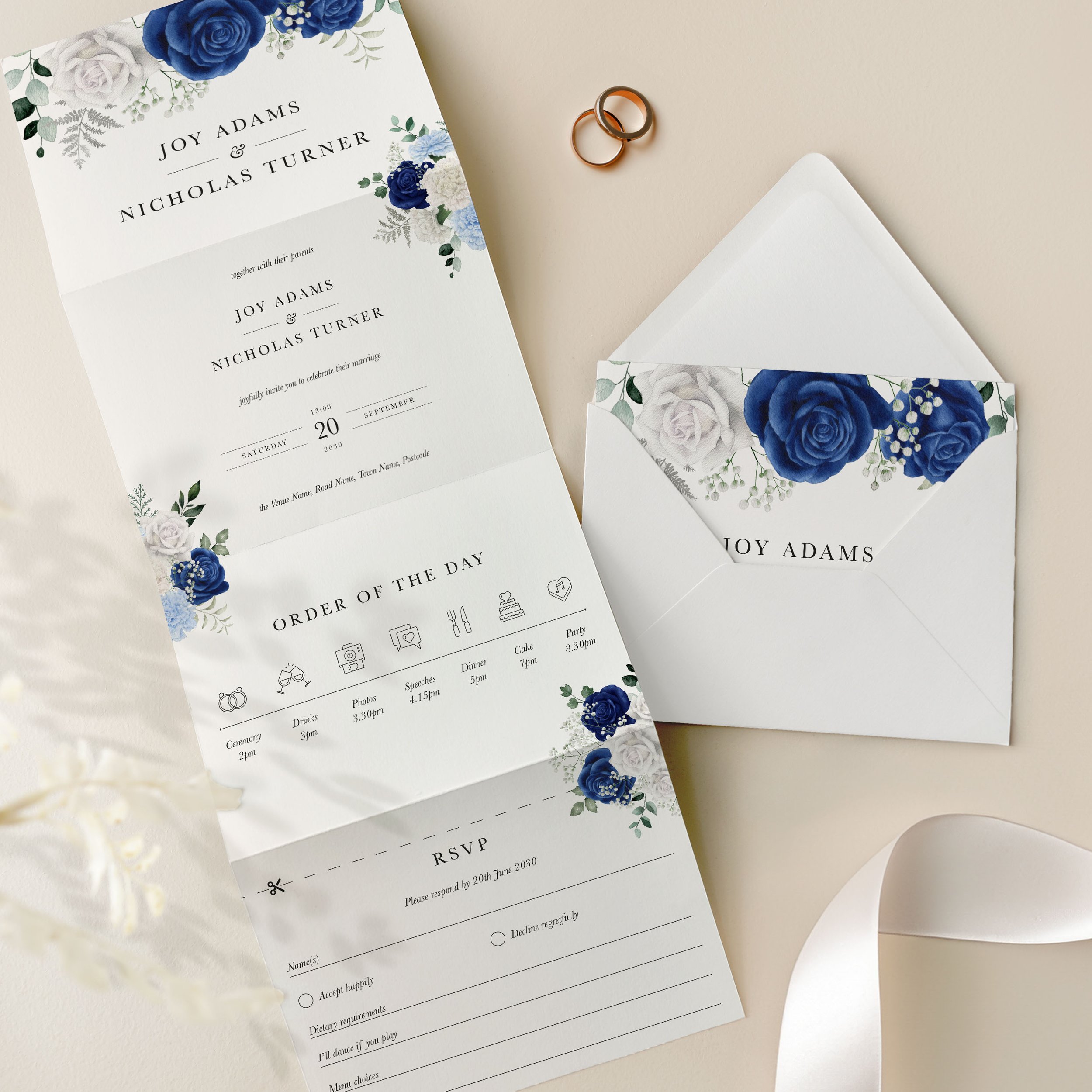 Royal Blue Rose Concertina Wedding Invites