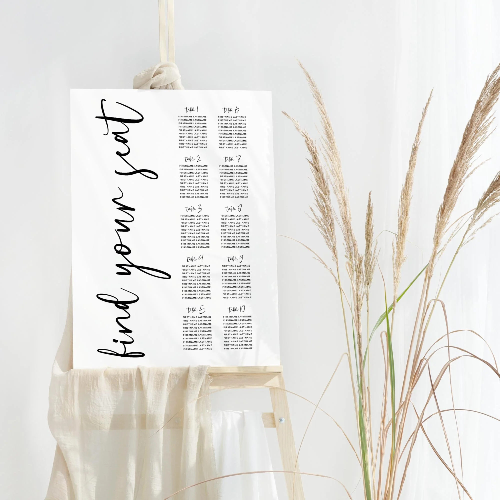 Black and White Calligraphy wedding table plan board seating chart sign with vertical script headings