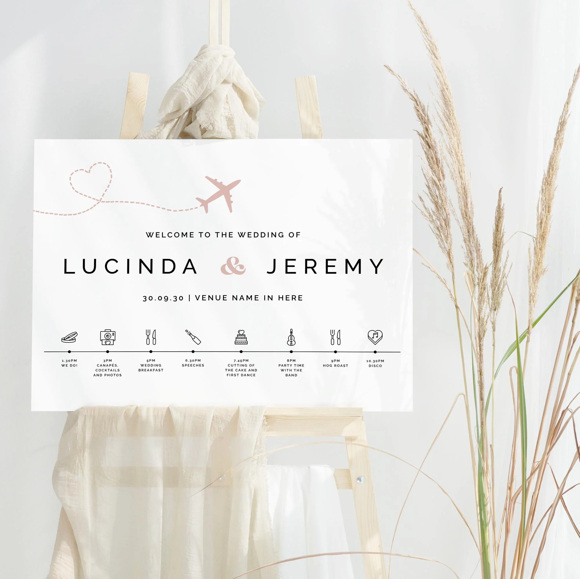 Travel Wedding Welcome Sign with Timeline on easel