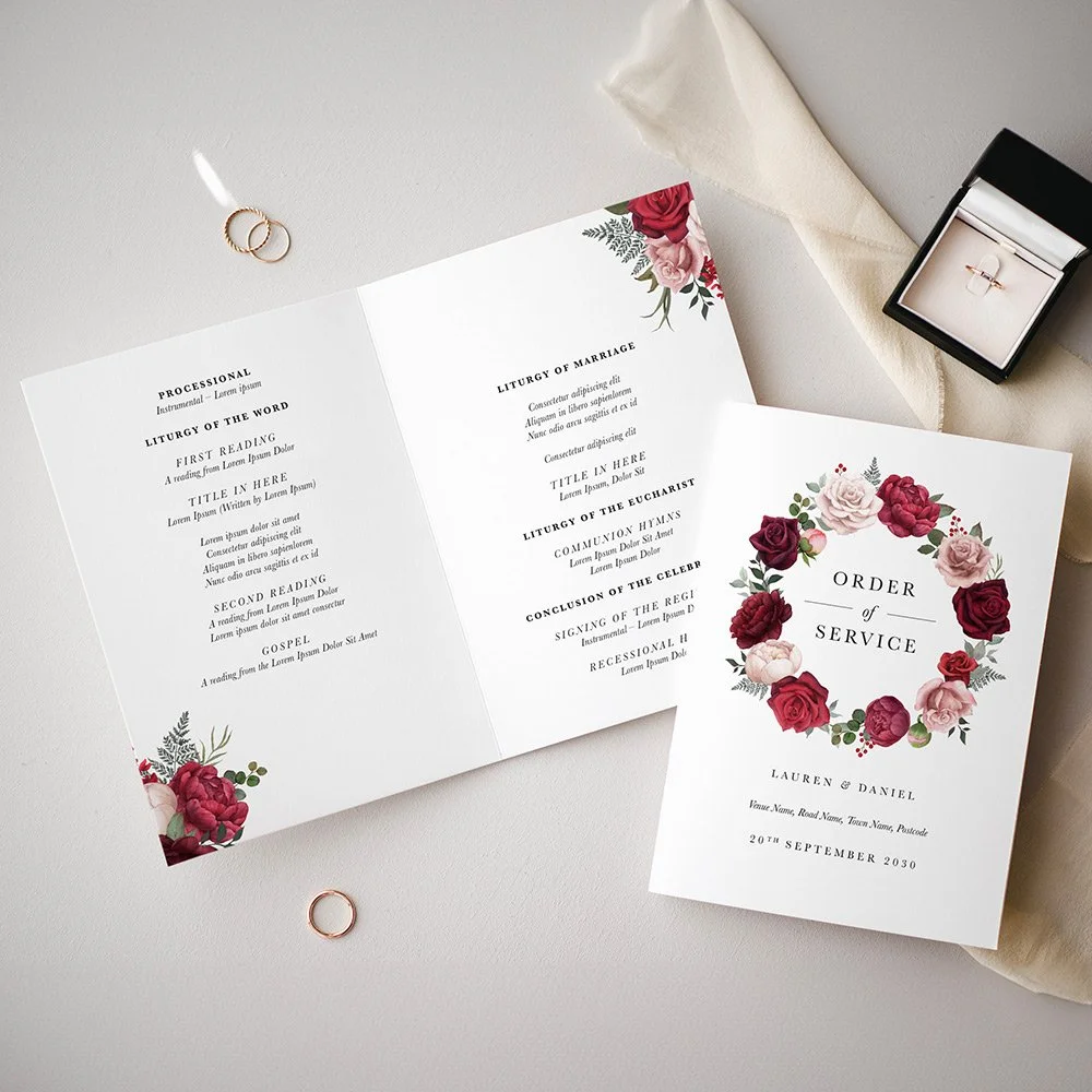 Romance Collection Order of Service cover with blush and burgundy floral illustrations and script typography