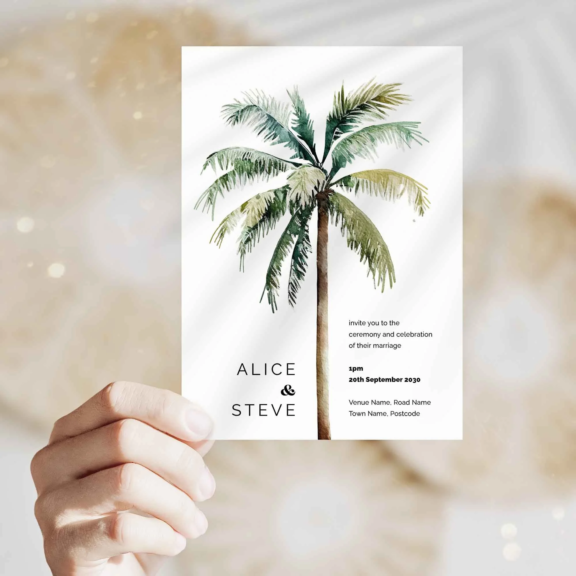 Hand holding Palm Tree wedding invitation showing size and printed design details