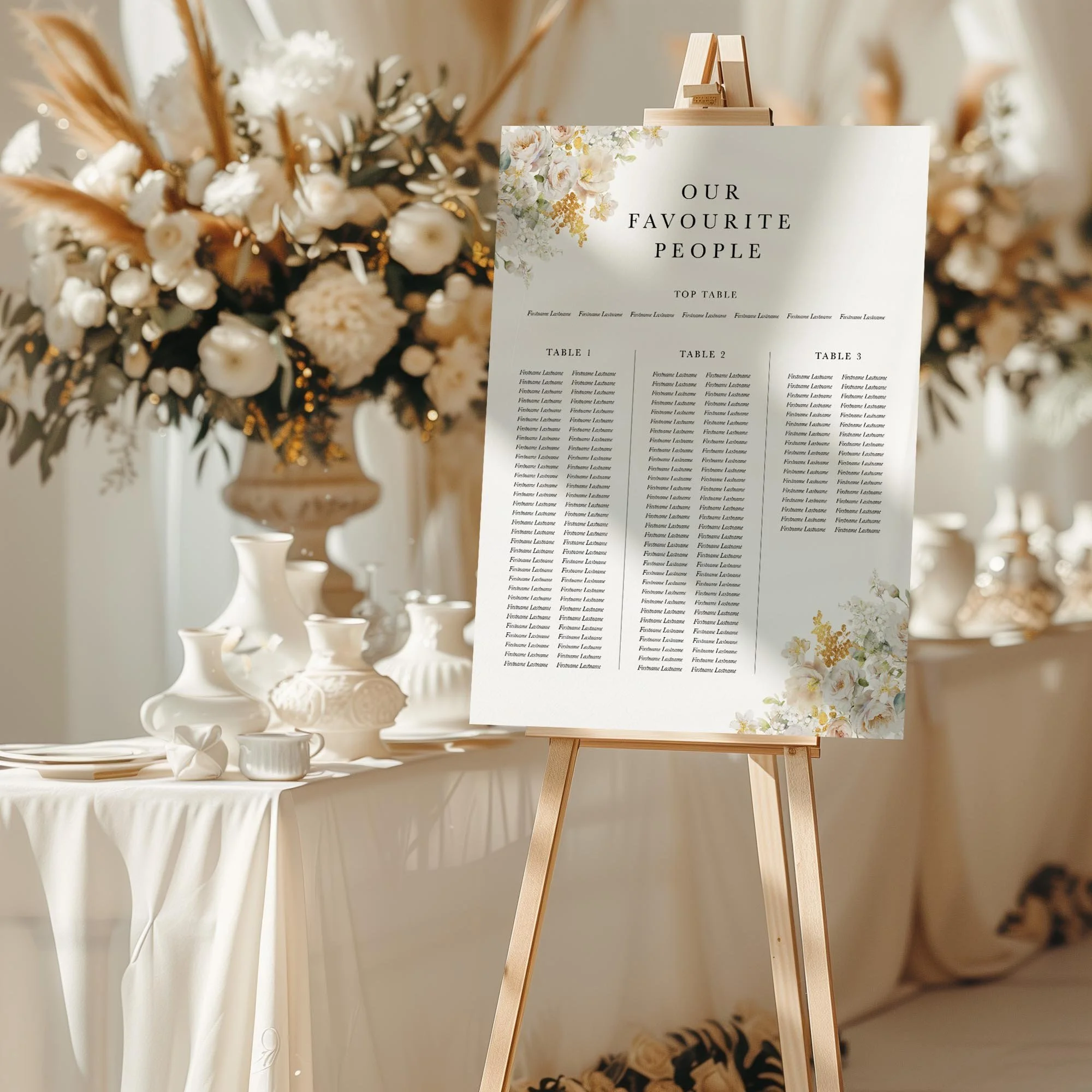 White and Gold Floral wedding seating chart sign styled at a reception