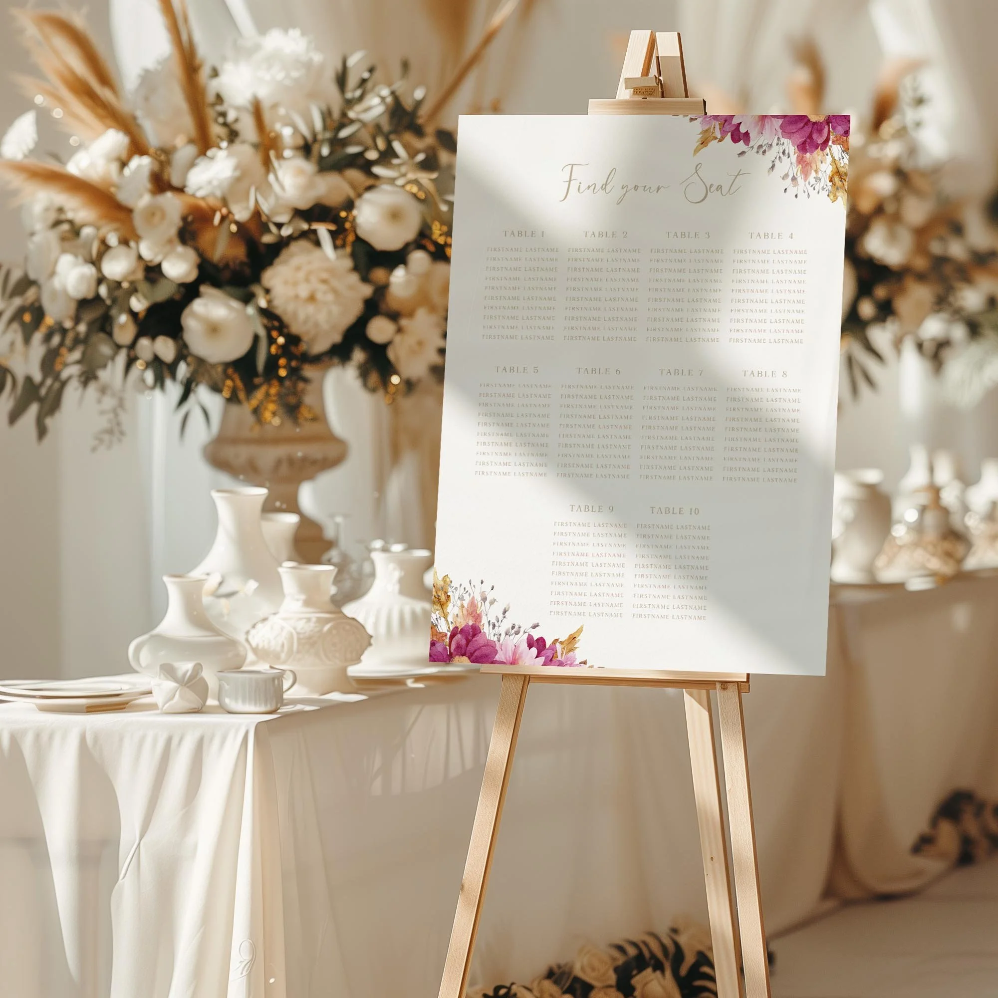 Dark Pink Chrysanthemum wedding seating chart sign styled at a reception