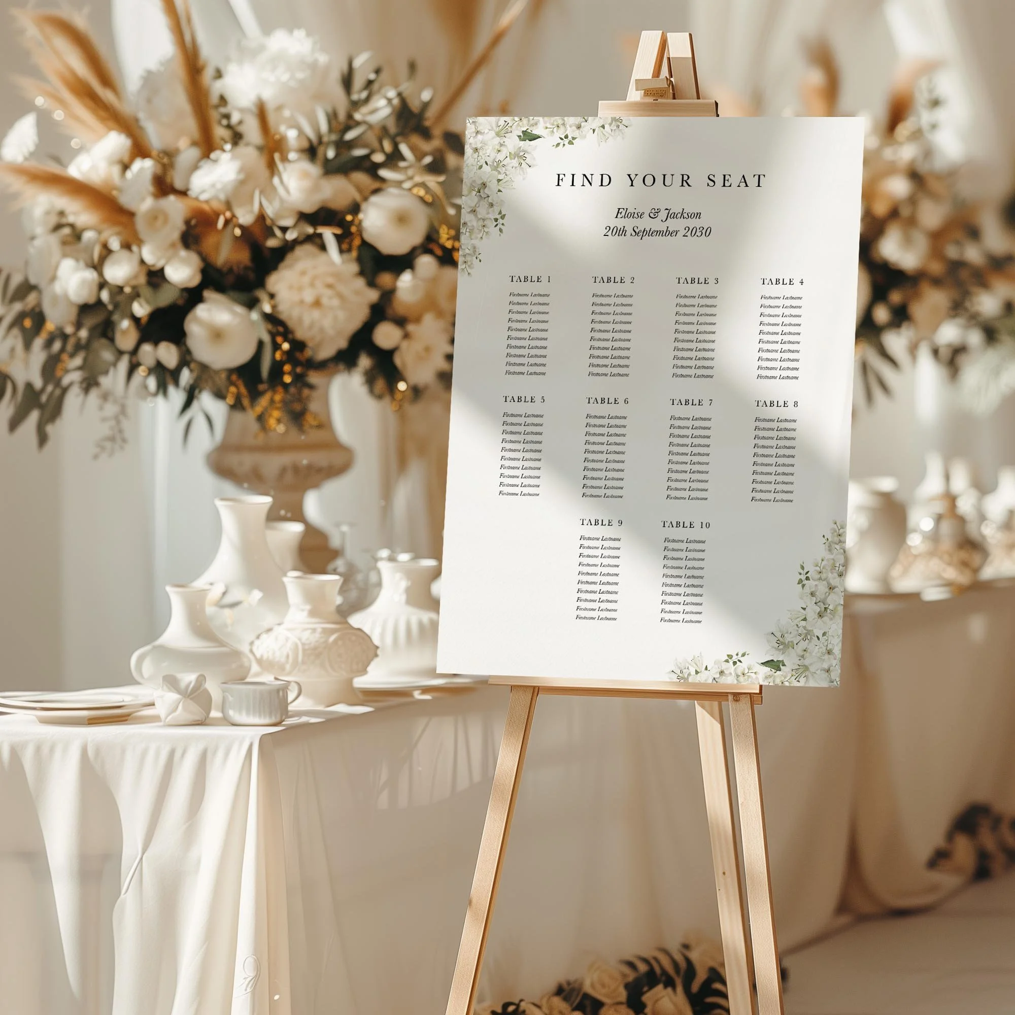 White Lily wedding seating chart sign styled at a reception