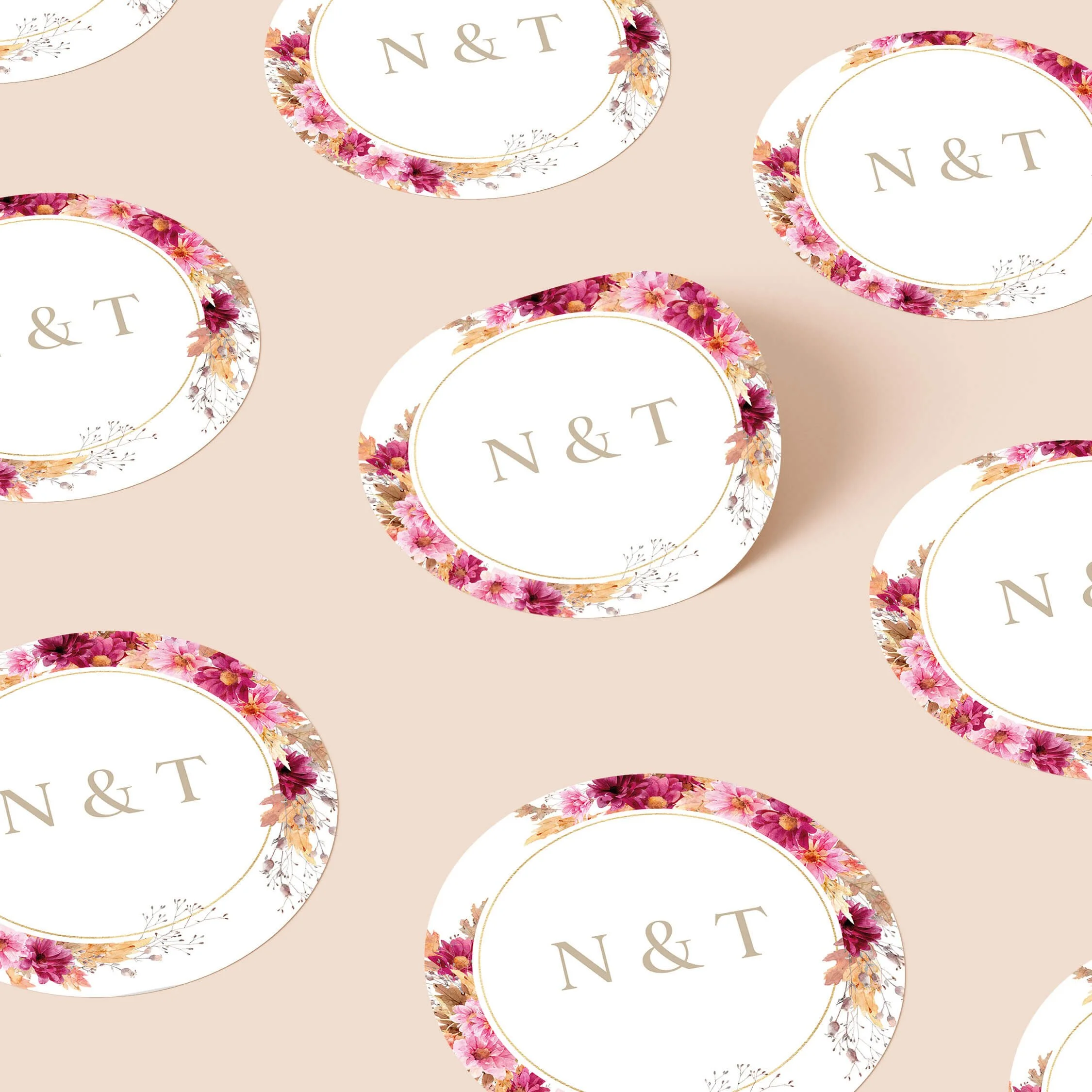 Chrysanthemum wedding stickers with colourful floral border and initials repeated on personalised round seals