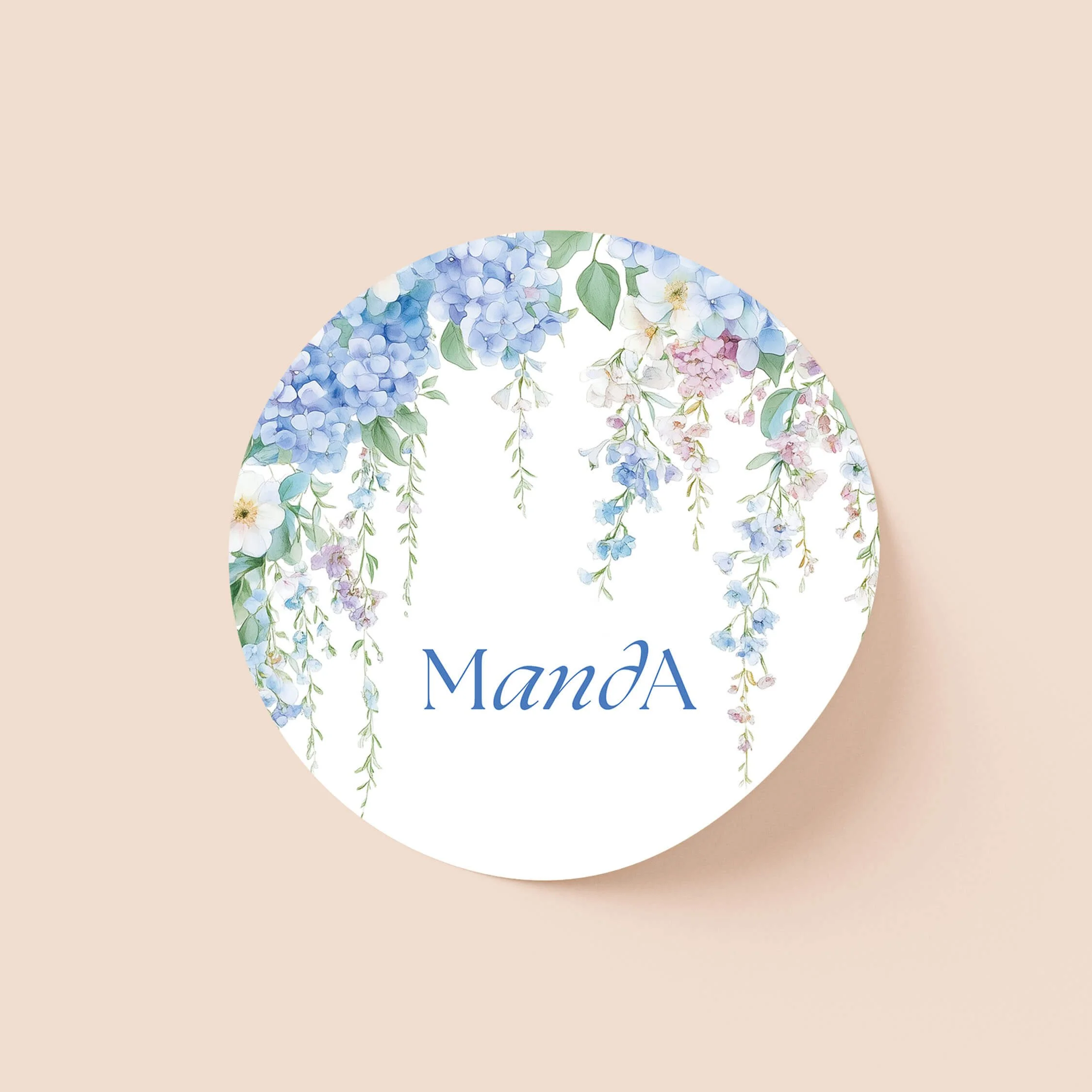 Serenity personalised wedding sticker with blue cascading wisteria floral illustration and script names on round sticker