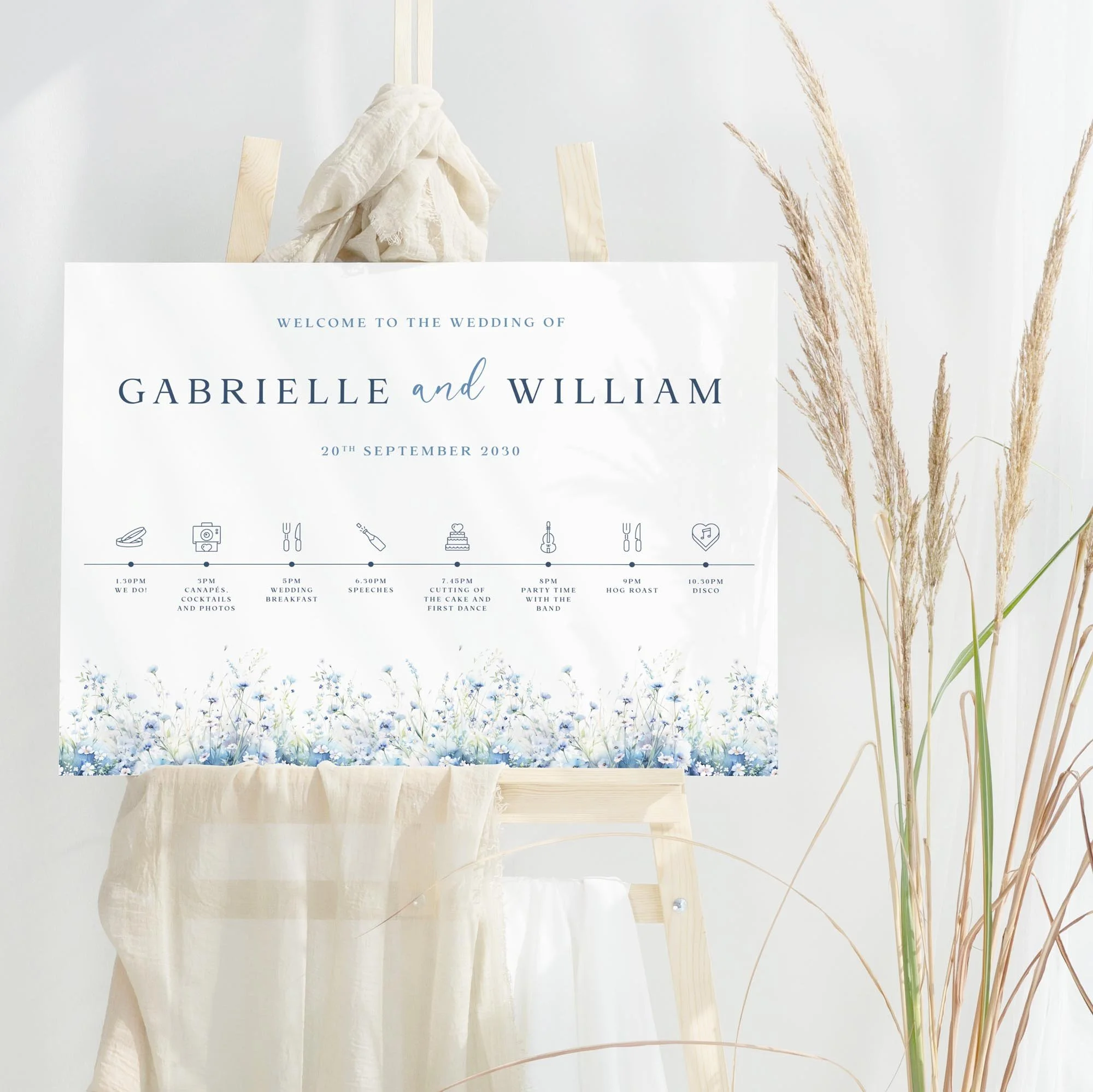 Dusty Blue Field Flowers wedding welcome sign design