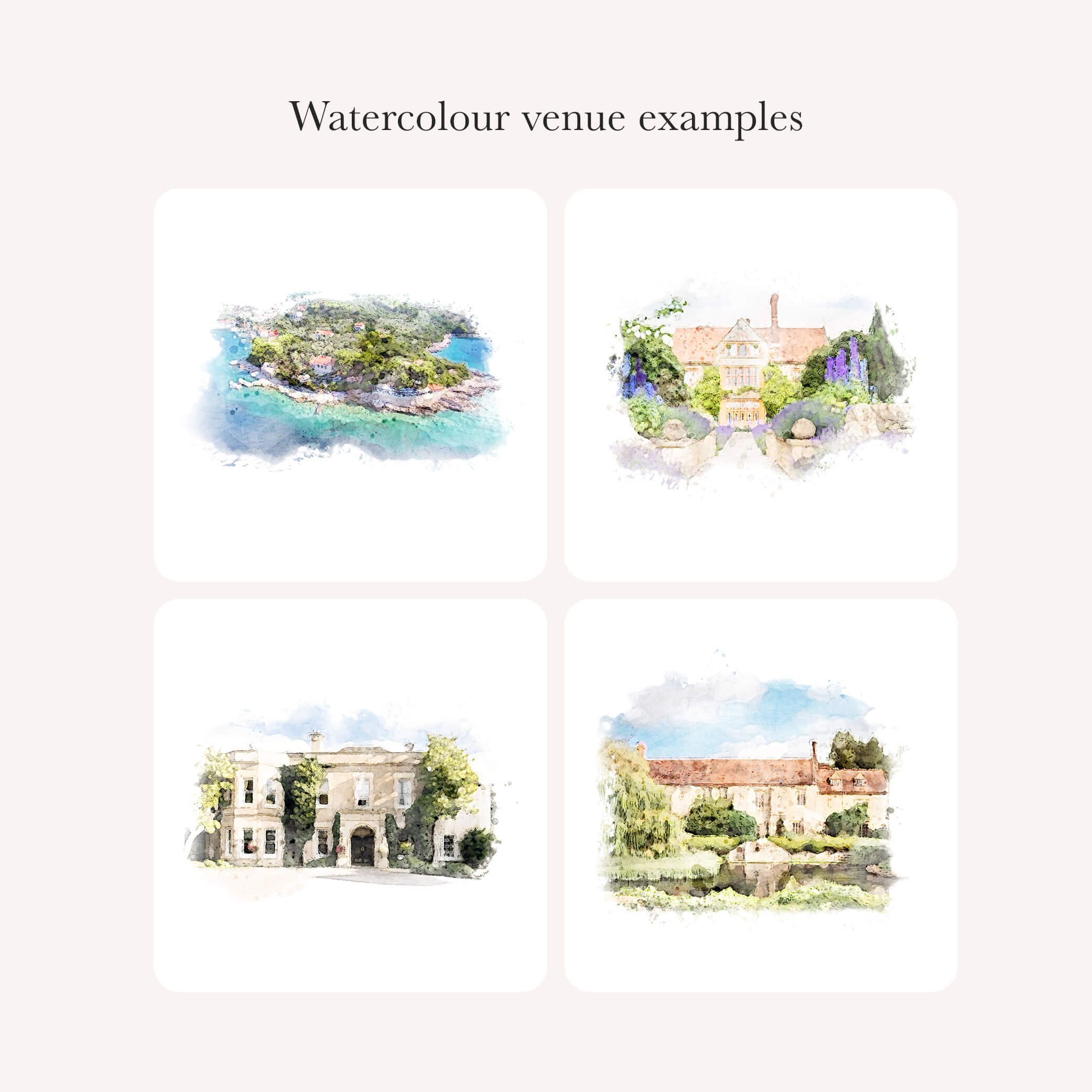 Examples of bespoke venue illustrations in our signature watercolour style