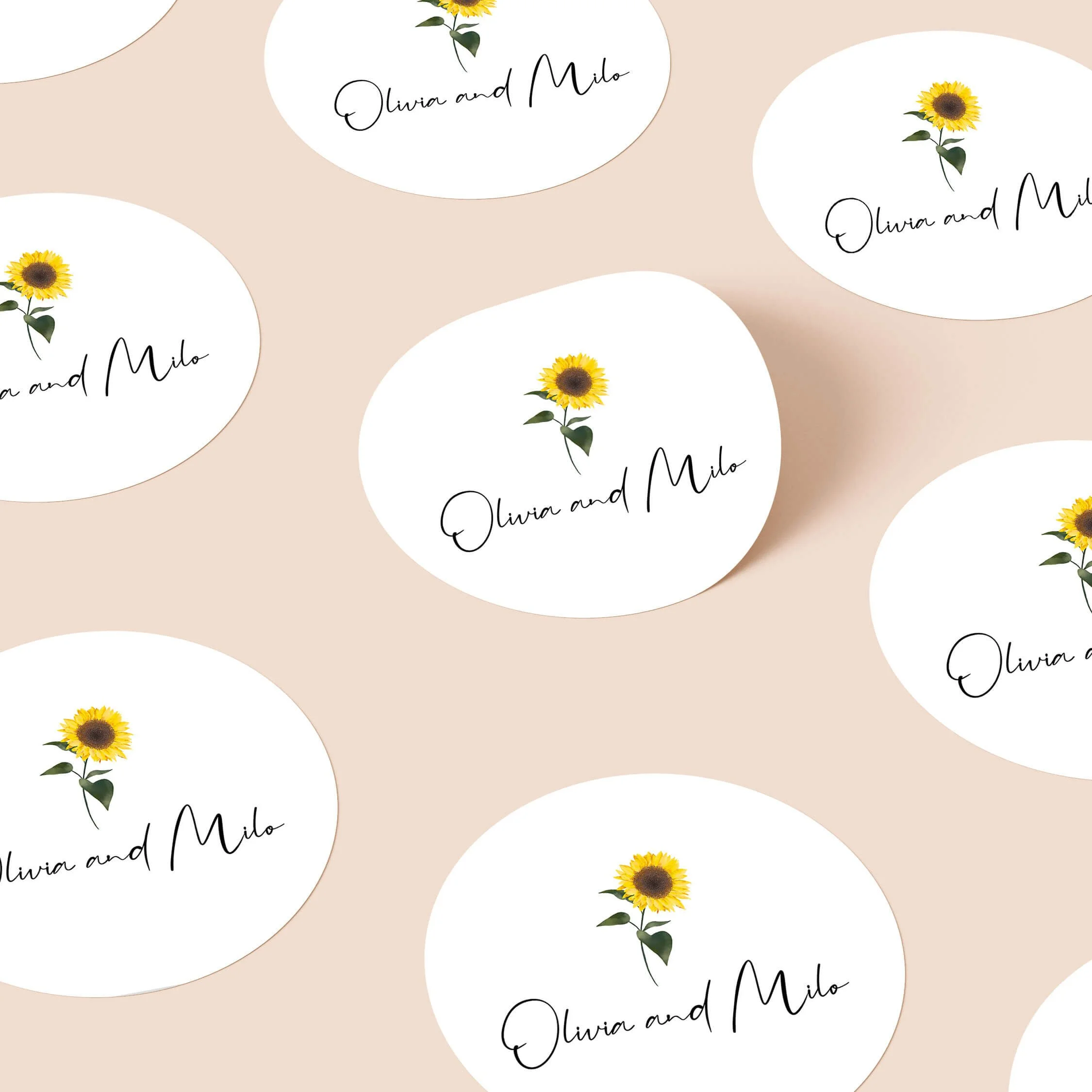 Sunflower personalised wedding stickers with single watercolour sunflower stem and script names on round stickers