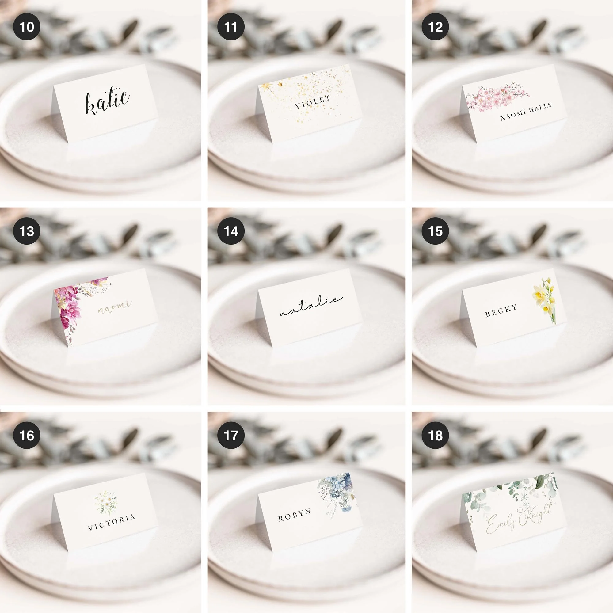 Selection of personalised wedding place card designs in various styles, including modern, floral, and minimalist, displayed on wedding tables