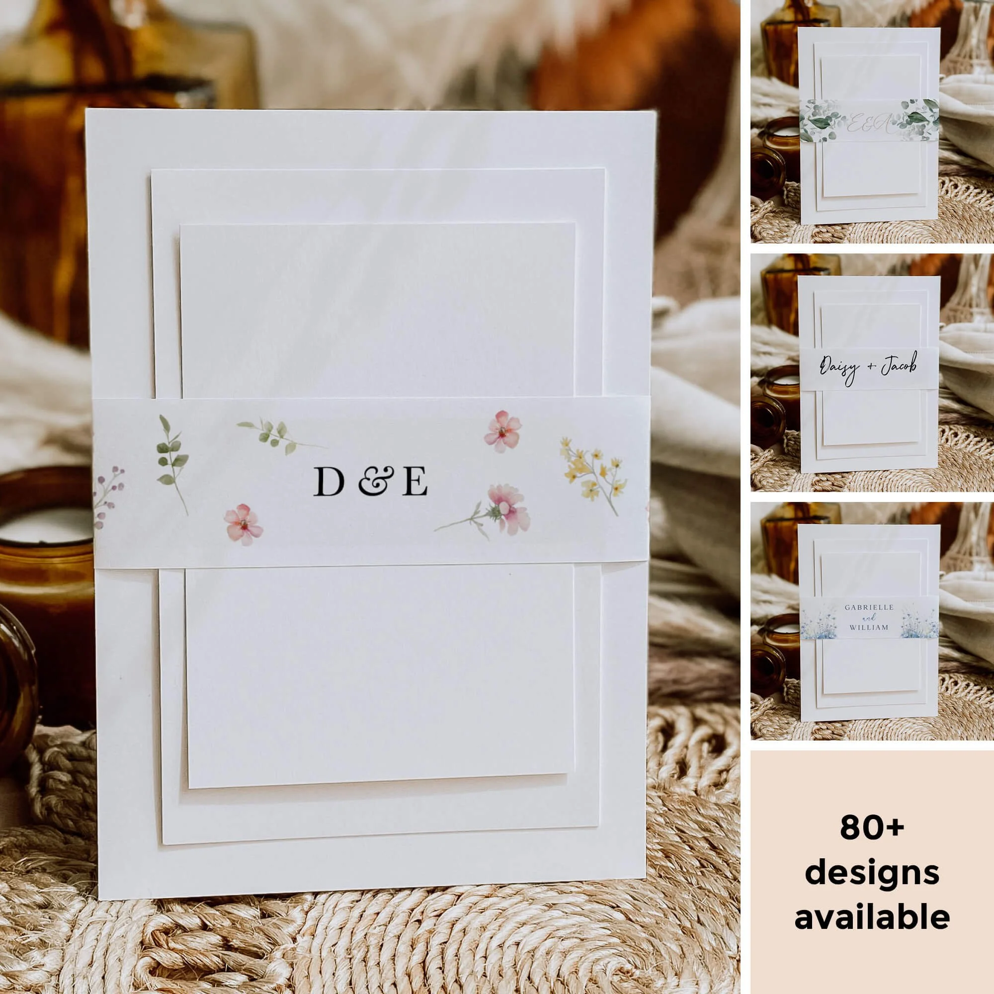 Wedding invitation belly bands in a variety of designs and colours, neatly wrapped around invitation suites