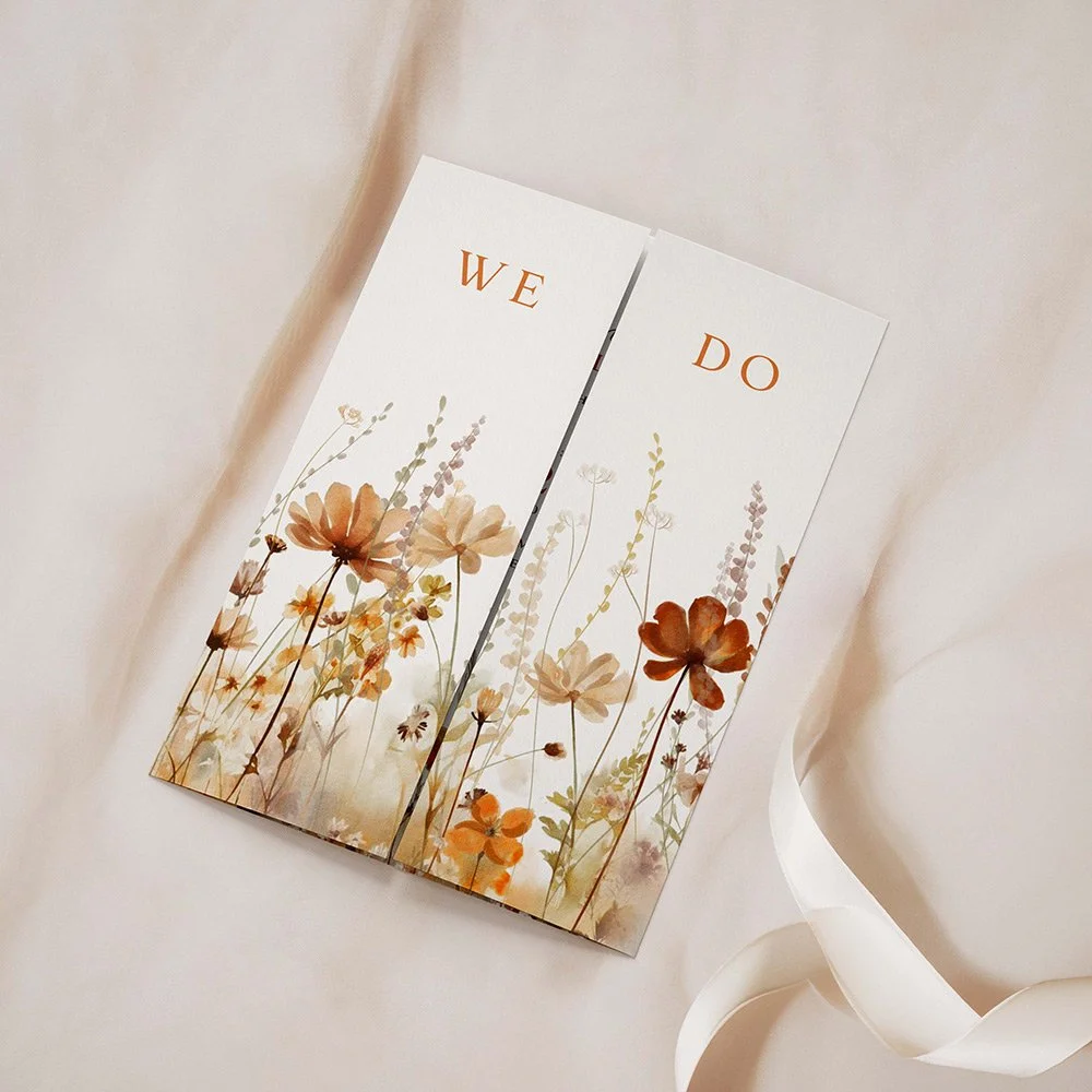 Field Collection Harvest Frame gatefold wedding invitation closed, featuring burnt orange and brown wildflowers with rustic autumnal design