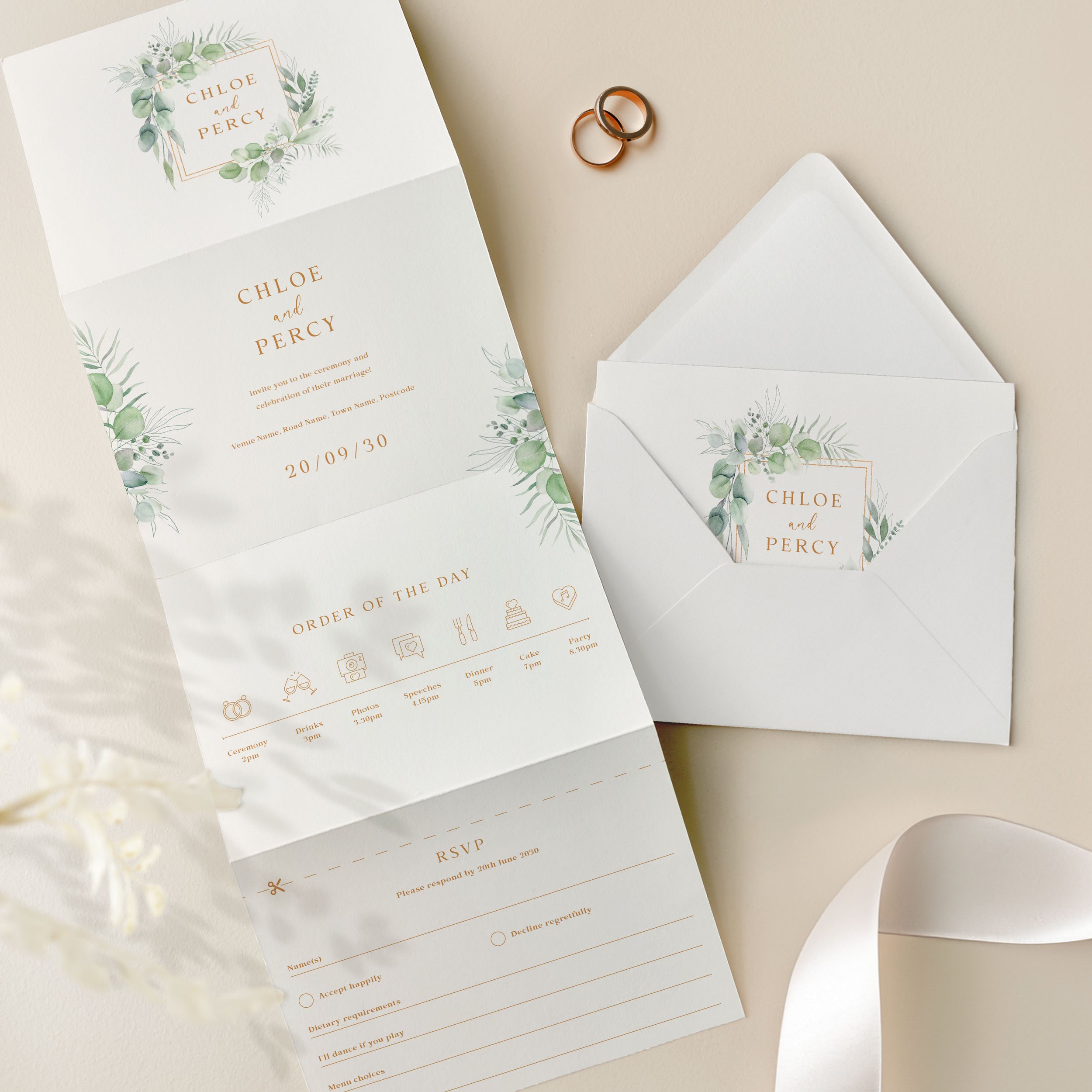 Eucalyptus Concertina Wedding Invite samples