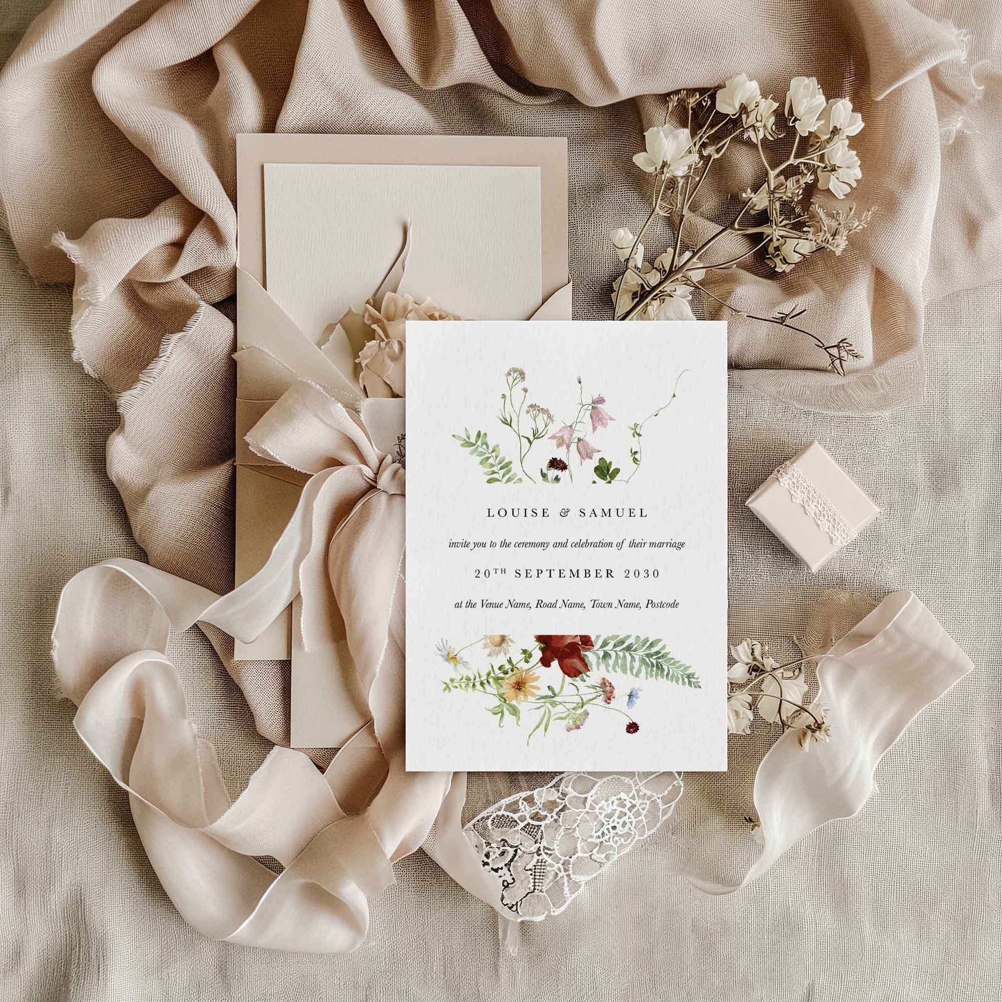 Meadow wedding invitation flat lay featuring rustic wildflowers, displayed on sage linen fabric with dried flowers and a small gift box