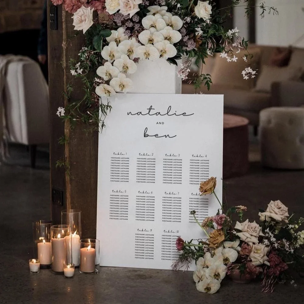 Modern Black and White Calligraphy Wedding Seating Plan Mounted Sign